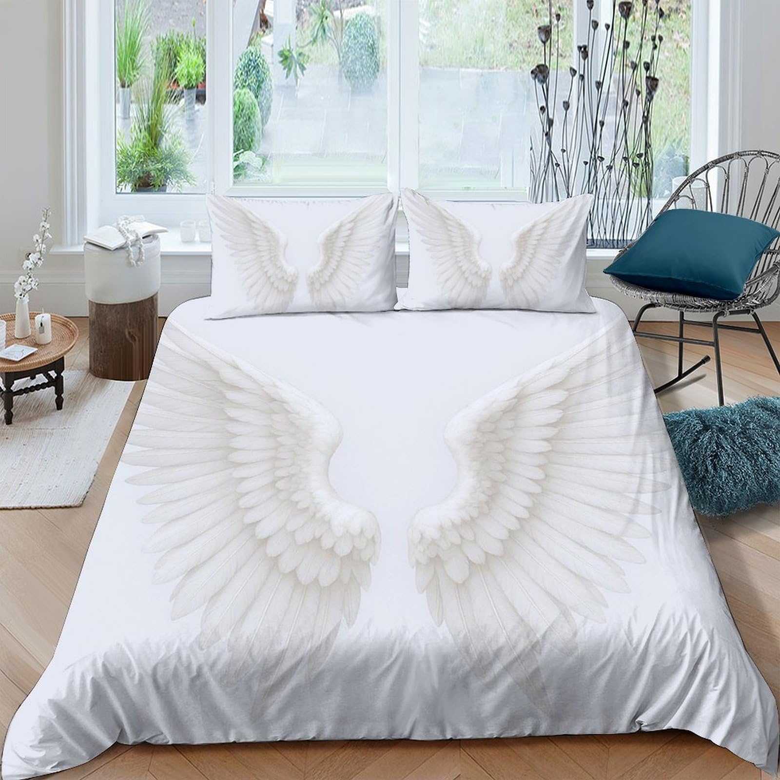 GPLZQXKJNH 3D Printed Angel Wings Duvet Cover Microfiber Soft White Feather Bedding Set with 2 Pillowcases for Bedroom Decor, Single（135x200cm）