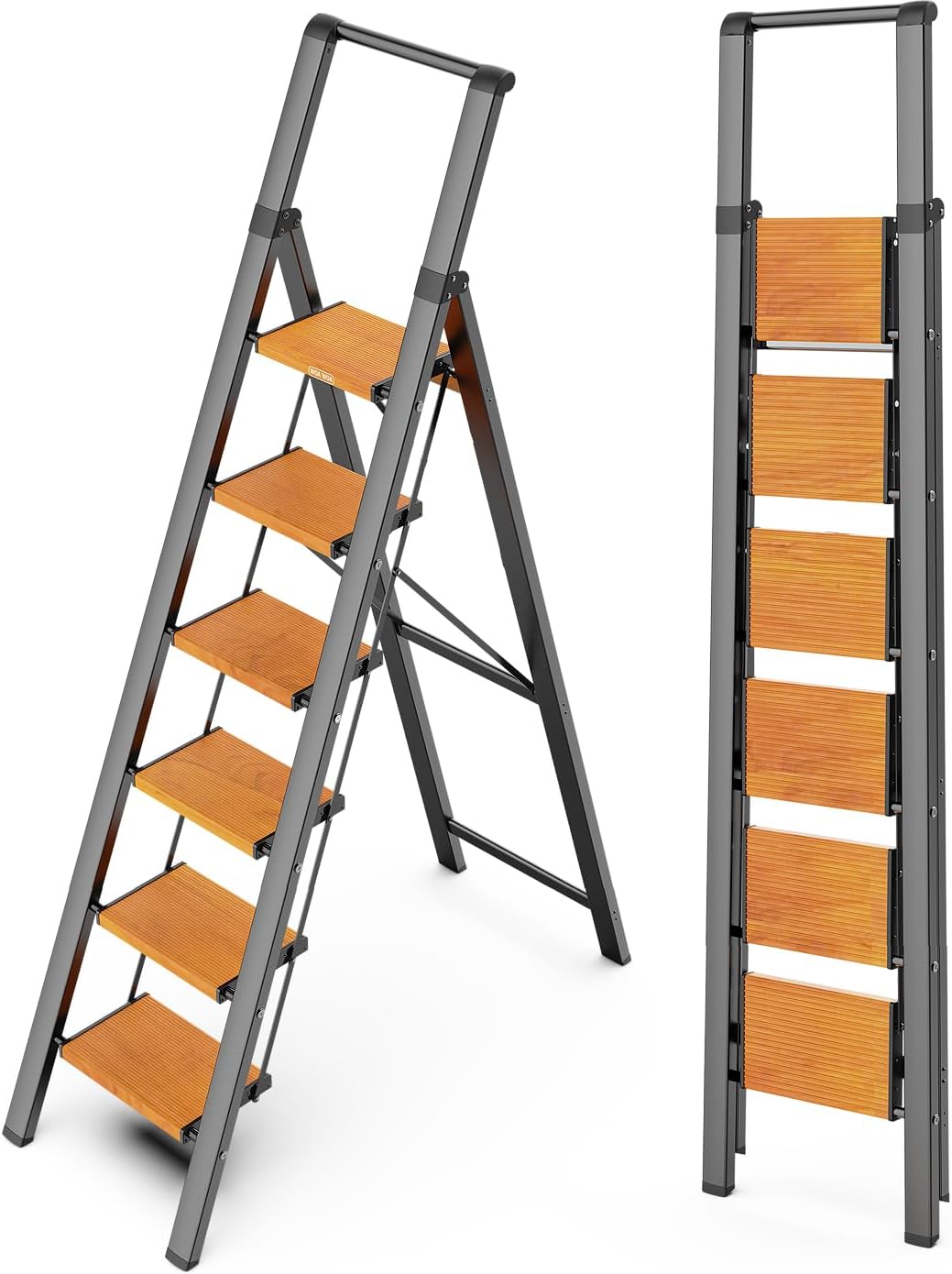WOA WOA Step Ladder 6 Step Folding, Foldable Tall Ladder with Handrail, Aluminum Stepladder for High Ceilings, Lightweight, Deep Pedals, Anti-Slip Feet, Capacity 300 lbs - Black & Wood Grain