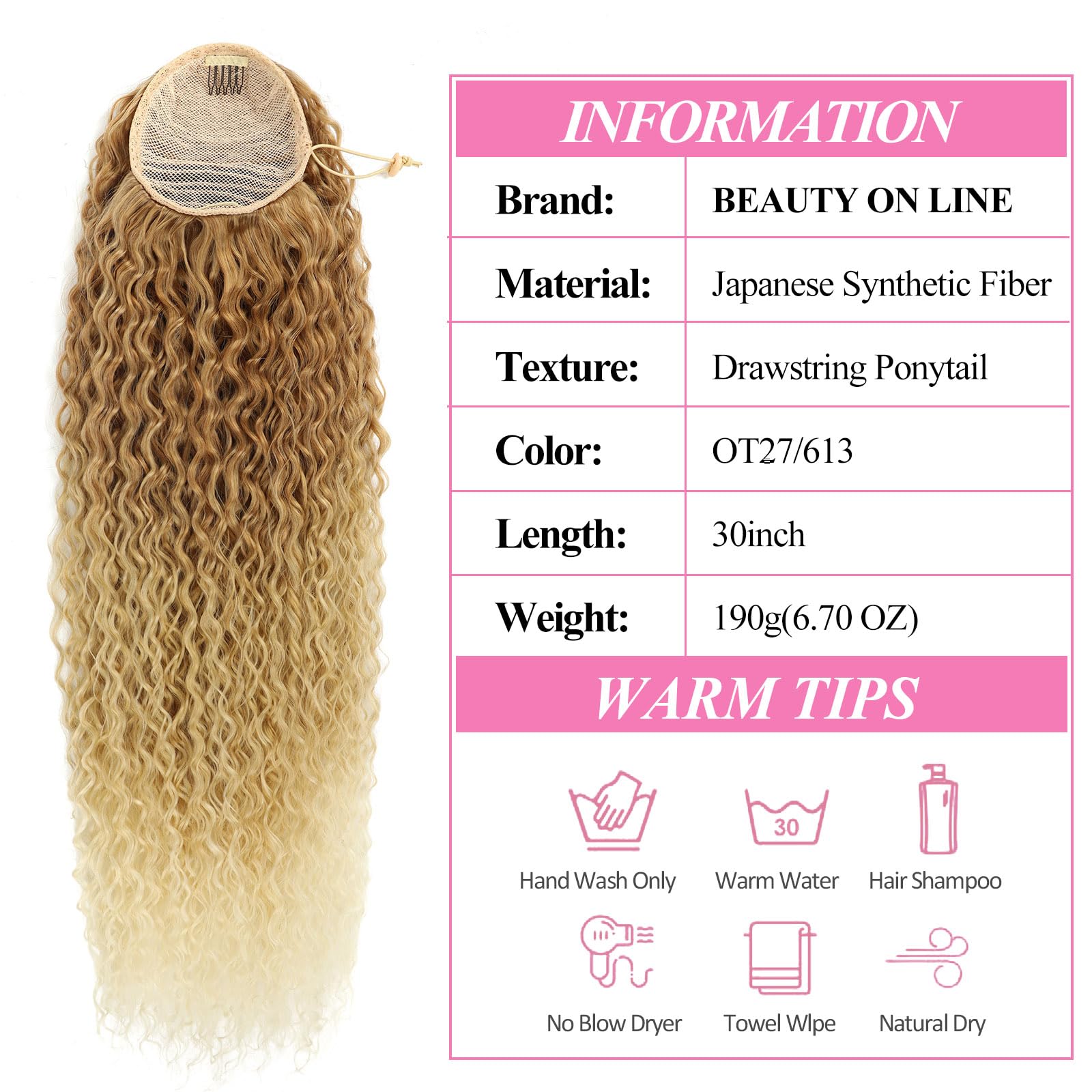 BEAUTY ON LINE Blonde Ponytail Extension Curly 30 inch Long Blonde Drawstring Ponytail Synthetic Clip in Ponytail Hair Extensions OT27/613 Curly Water Wave Clip in Hair Pieces for Women - Image 3