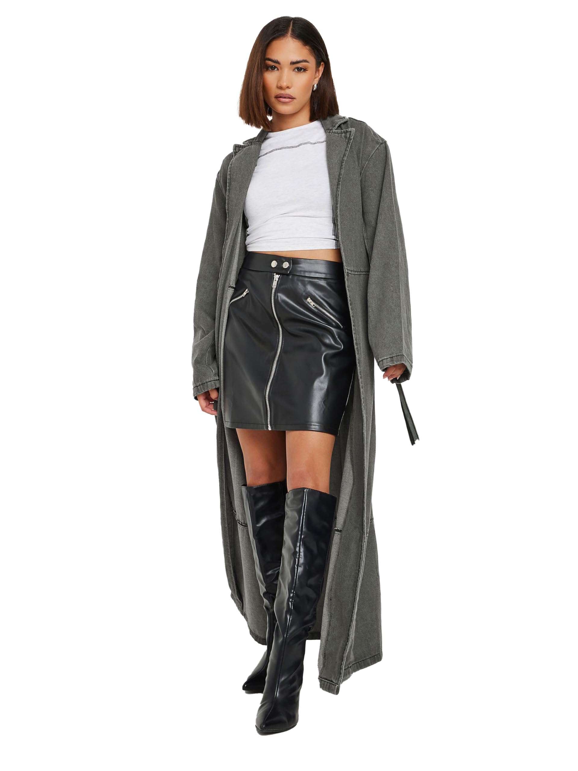Pixiegirl Women's Dark Grey Petite Longline Trench Coat In | Size: 10