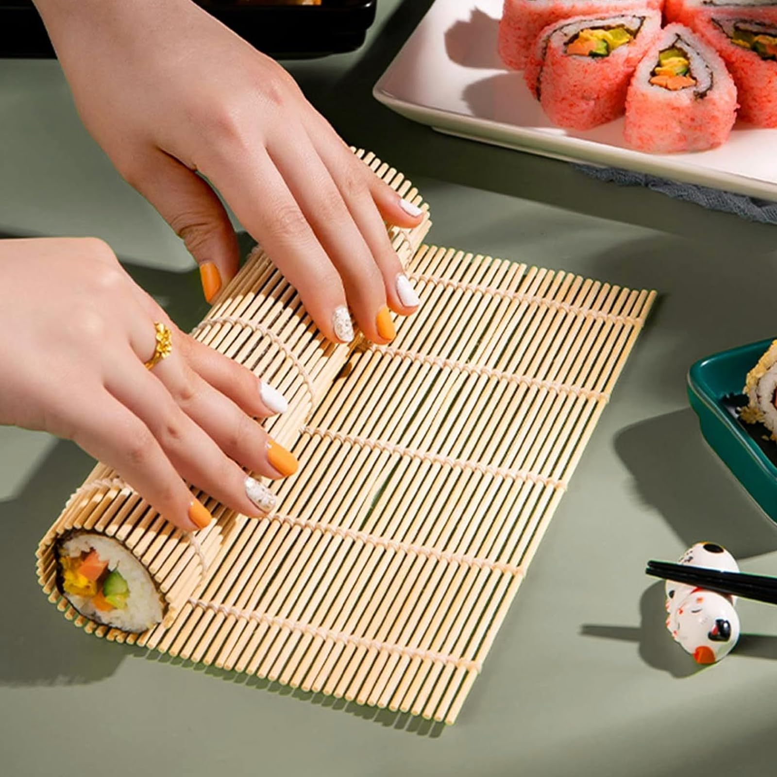 ZC2405172812 - 6 alfombrillas de bambú para hacer sushi de 9.5 x 9.5 pulgadas, antiadherentes, rodillo de sushi para cocina y fiesta en el hogar, ZC2405172812 5