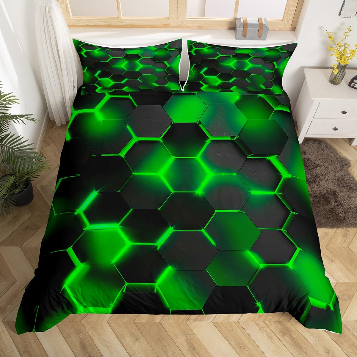 Green and Black Duvet Cover Kids Honeycomb Bedding Set Junior/Cot Bed Hexagonal Comforter Cover for Women Men Room Decor Breathable Soft Lightweight Microfiber Geometrical With 1 Pillow Case