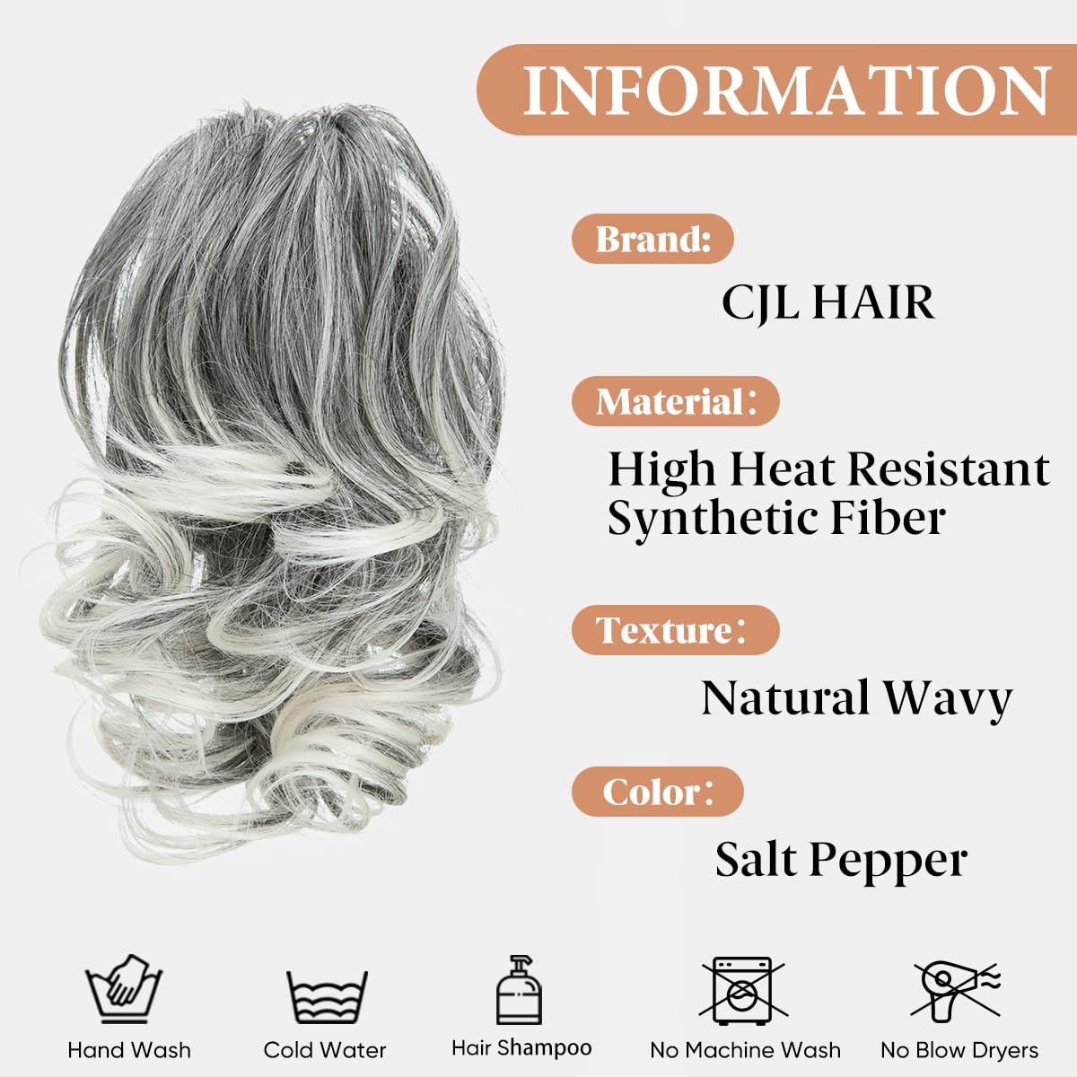 CJL HAIR Claw Clip Short Ponytail Hair Extensions DIY Bendable Metals Messy Bun Hair Piece for Wonen Wavy Curly Synthetic Fake Hairpieces Salt and Pepper - Image 2
