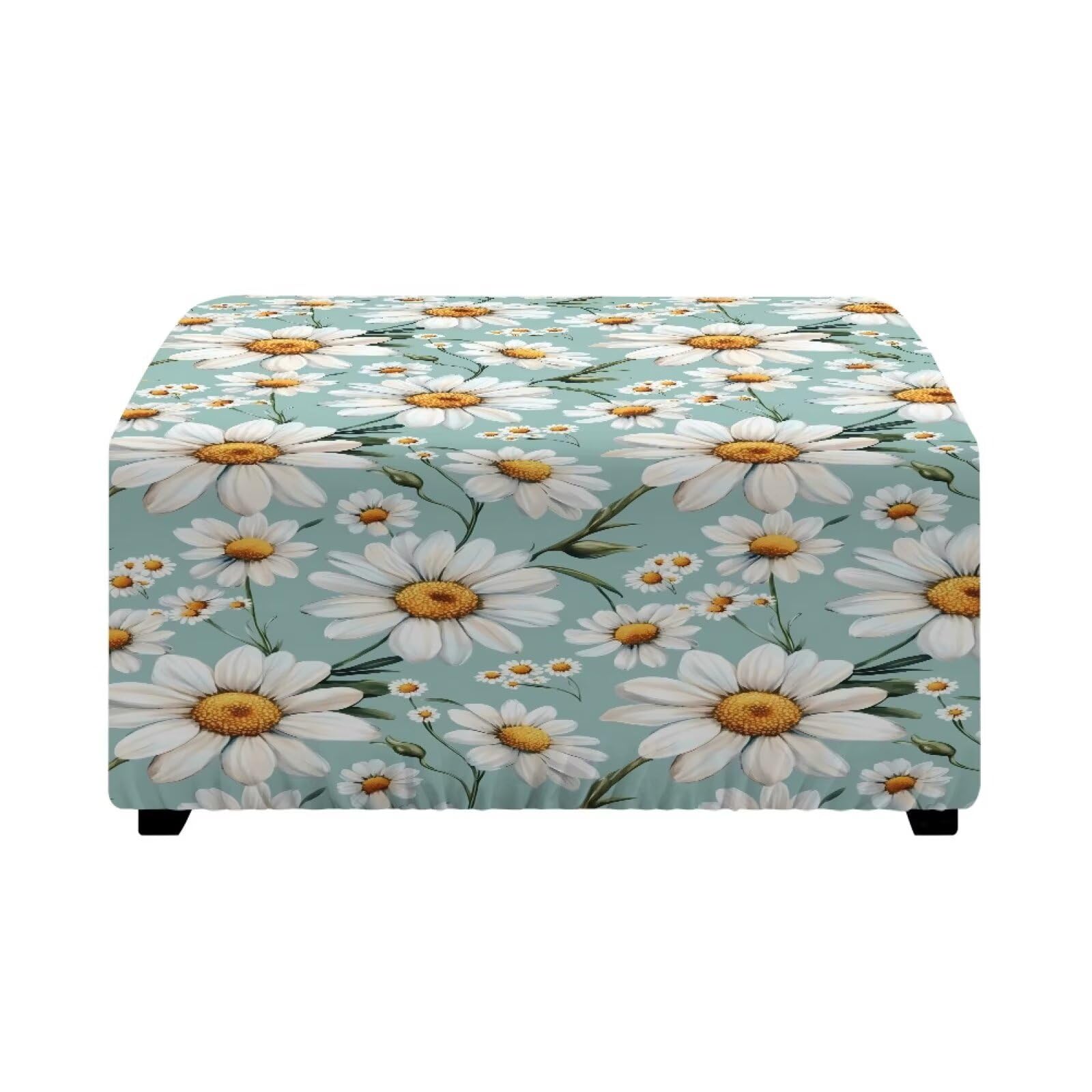 Xoenoiee Square Ottoman Cover Stretch Footrest Stool Cover Soft Nonslip Ottoman Slipover Footstool Furniture Protector with Elastic Bottom, White Daisy Flower, Large