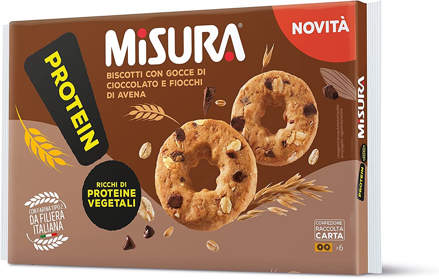 6X Misura Protein Biscotti Croccanti con Fiocchi di Avena e Gocce di Cioccolato 260g [CAIYA® BOX da 6 Confezioni]