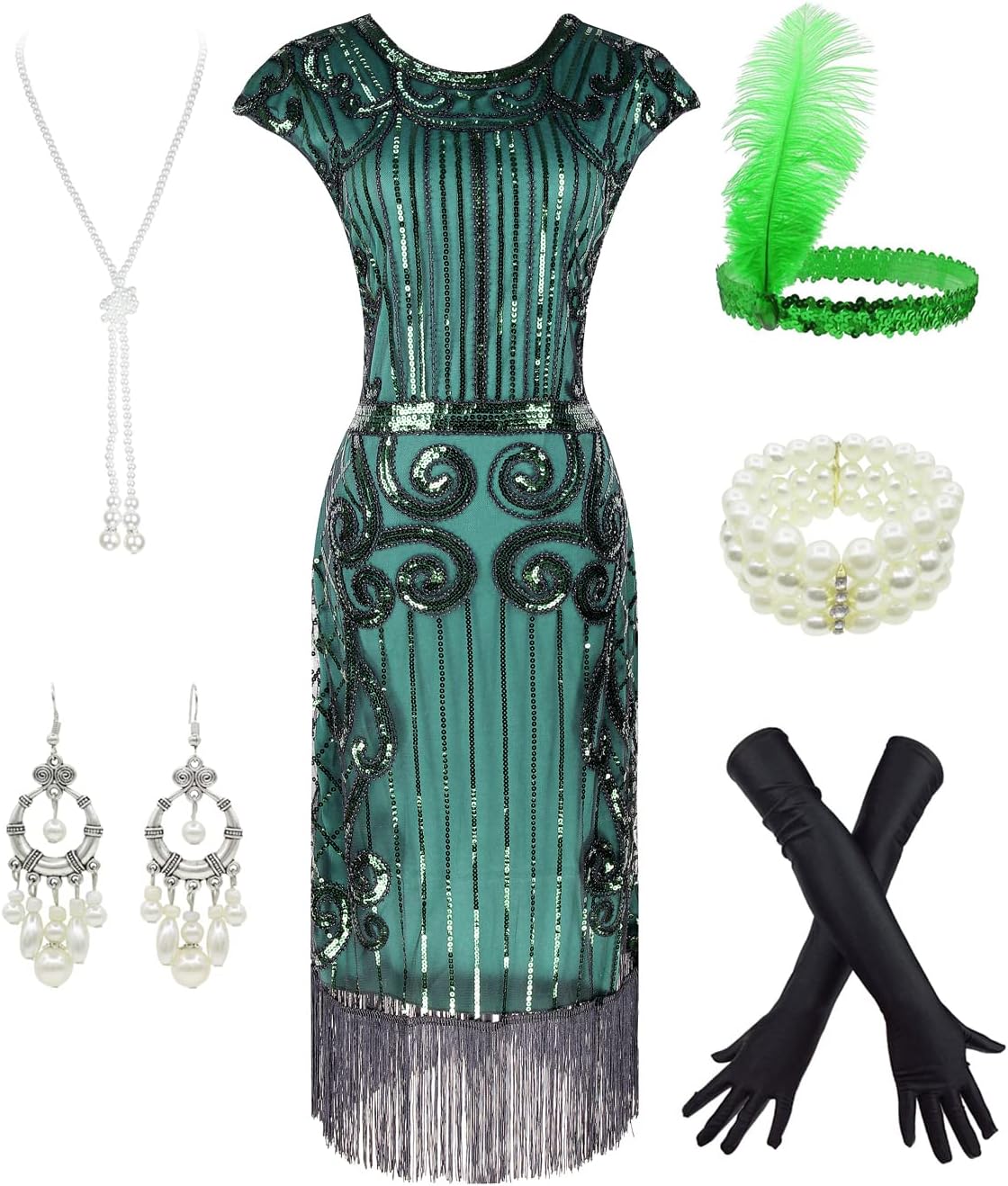 Women's 1920s Sequins Flapper Gatsby Cocktail Dress with 20s Headband Accessories Set