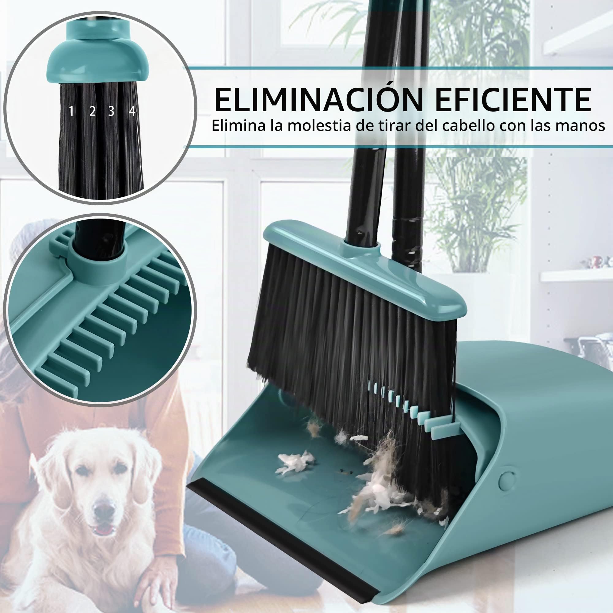 JEHONN Recogedor Plegable y Escoba de Mango Largo 137 cm, Cepillo Barrer y Recogedor Vertical con Peine Dientes para Interior Casa Cocina