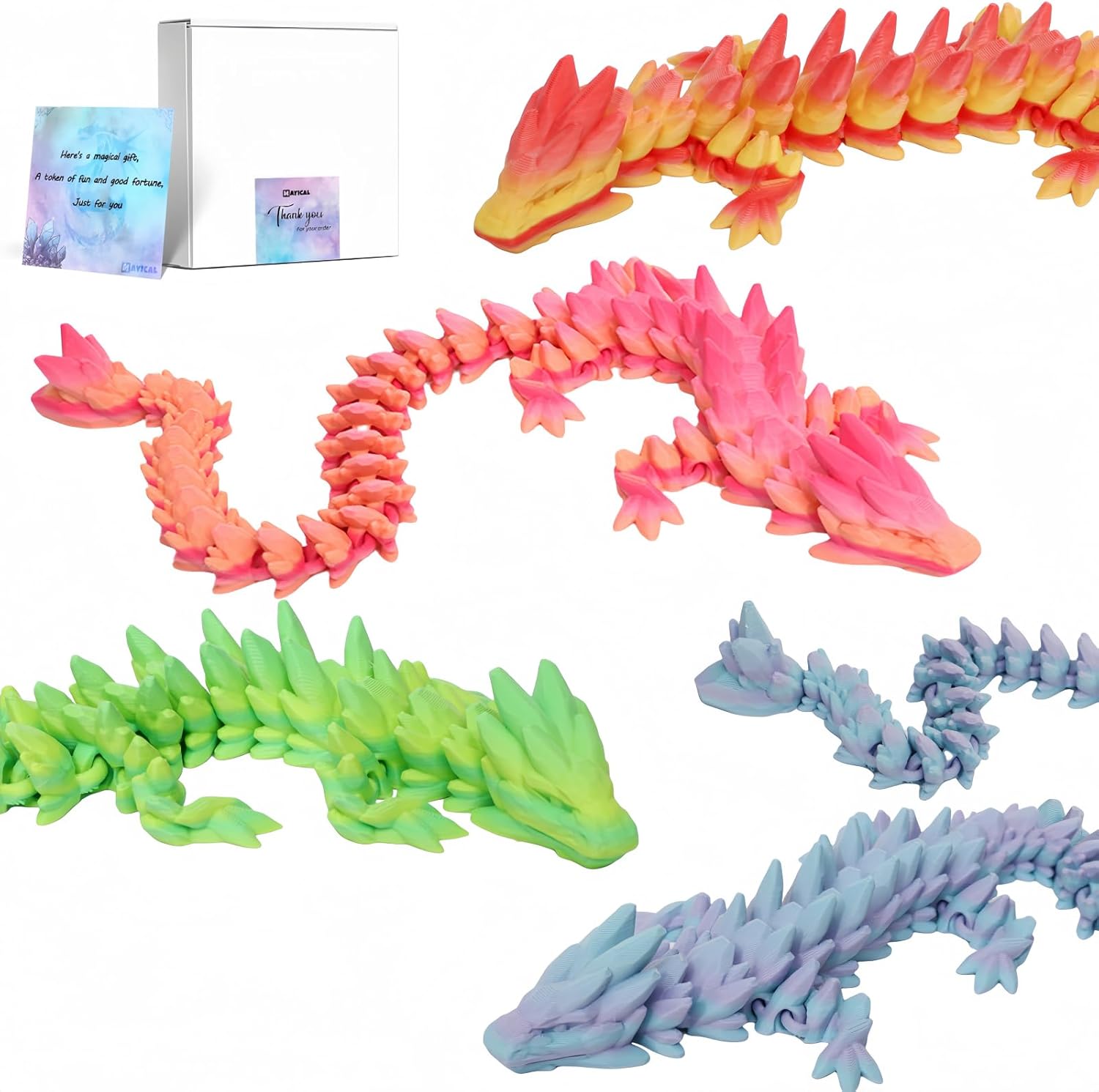 4PCS 12Inch 3D Printed Dragons - 3D Printed Animals for Rock Dragon, Autism/ADHD Dragon Fidget Toys, Home Office Desktop Decoration, Best Gifts for Kids & Adults (4 Season-Inspired Colors)