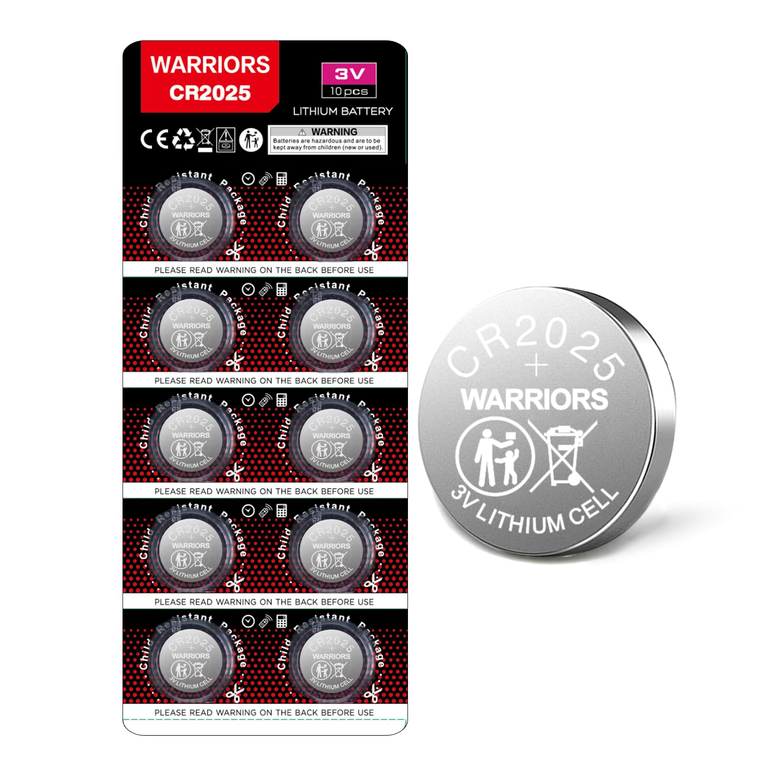 Warriors 10X 2025 Batterie Knopfzellen CR2025 Batterien 3V kindersichere Verpackung, für den Einsatz in Schlüsselanhängern, Waagen, medizinischen Geräten. (10X)