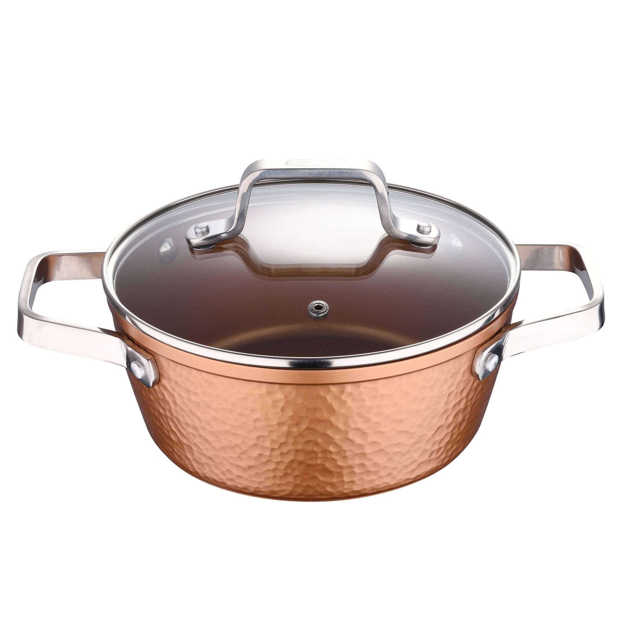 Colección Origen: set de Cacerola con tapa de vidrio, 20 cm, con Plancha asador/grill 45 cm, y Sartén 28 cm, aluminio forjado, aptas para inducción
