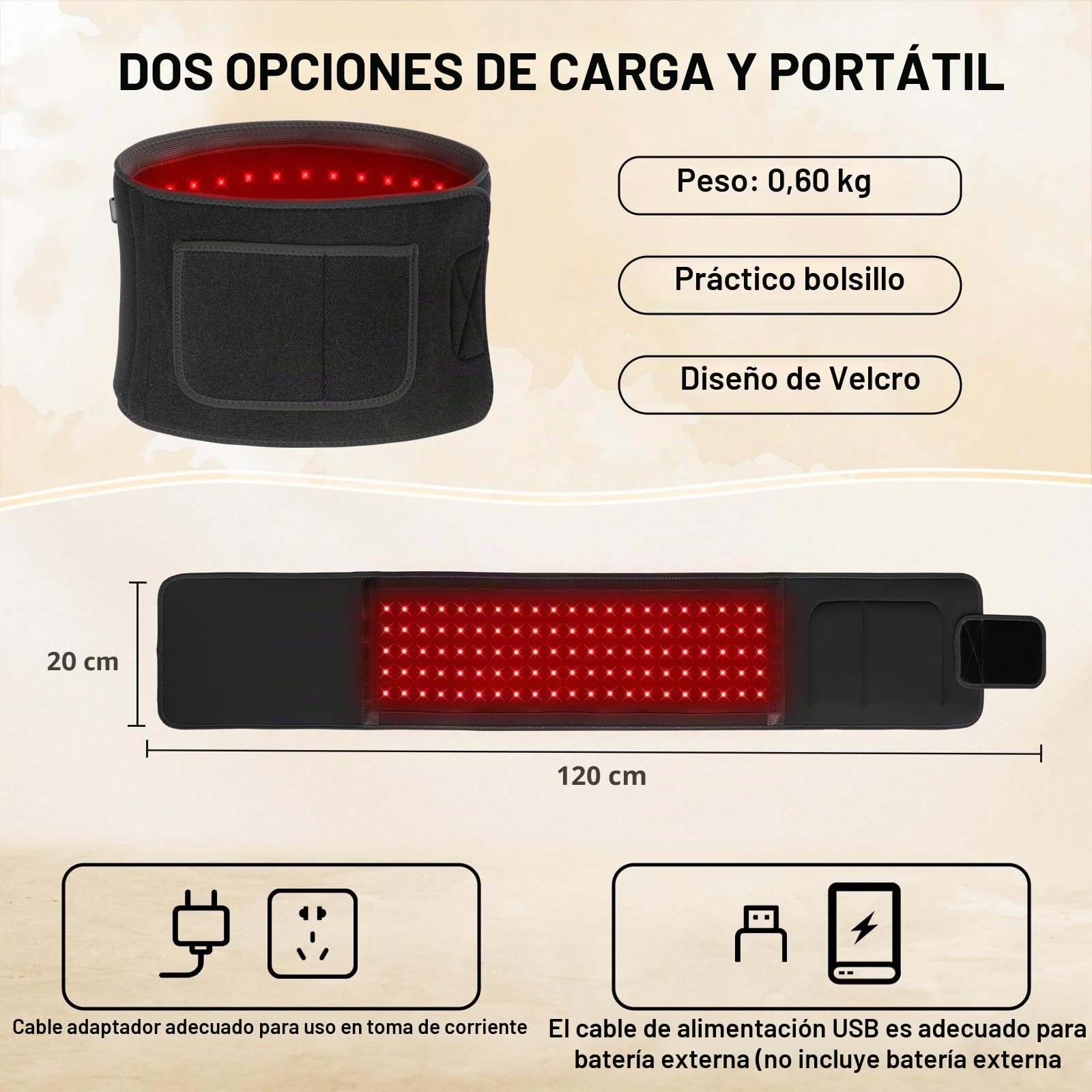 Cinturón lámpara de luz roja 105 LED, 660 nm y 850 nm infrarrojo, 3 modos, temporizador 10/20/30 min, 5 niveles de brillo, cinturón luminoso para espalda, hombros y articulaciones