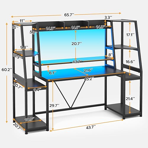 Miniatura 2 de SEDETA Escritorio para juegos de 65.7 pulgadas con luces LED, gabinete y estantes de almacenamiento, escritorio para computadora con soporte para