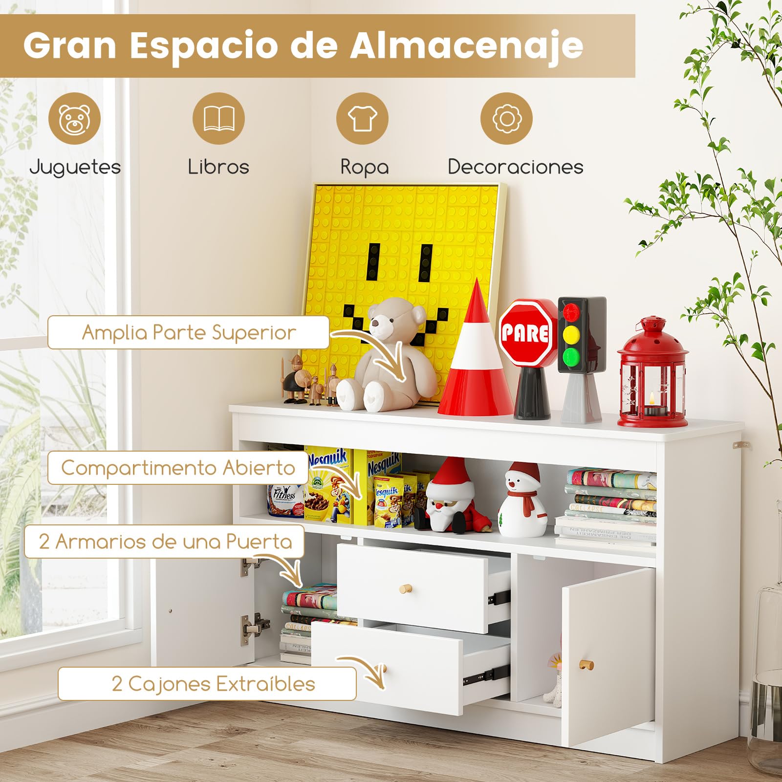 COSTWAY Armario de Juguetes para Niños, Estantería Infantil de Madera con Estante Abierto, 2 Cajones y 2 Puertas, Mueble Multifuncional para Salon, Dormitorio, Guardería, Jardín de Infancia (Blanco)