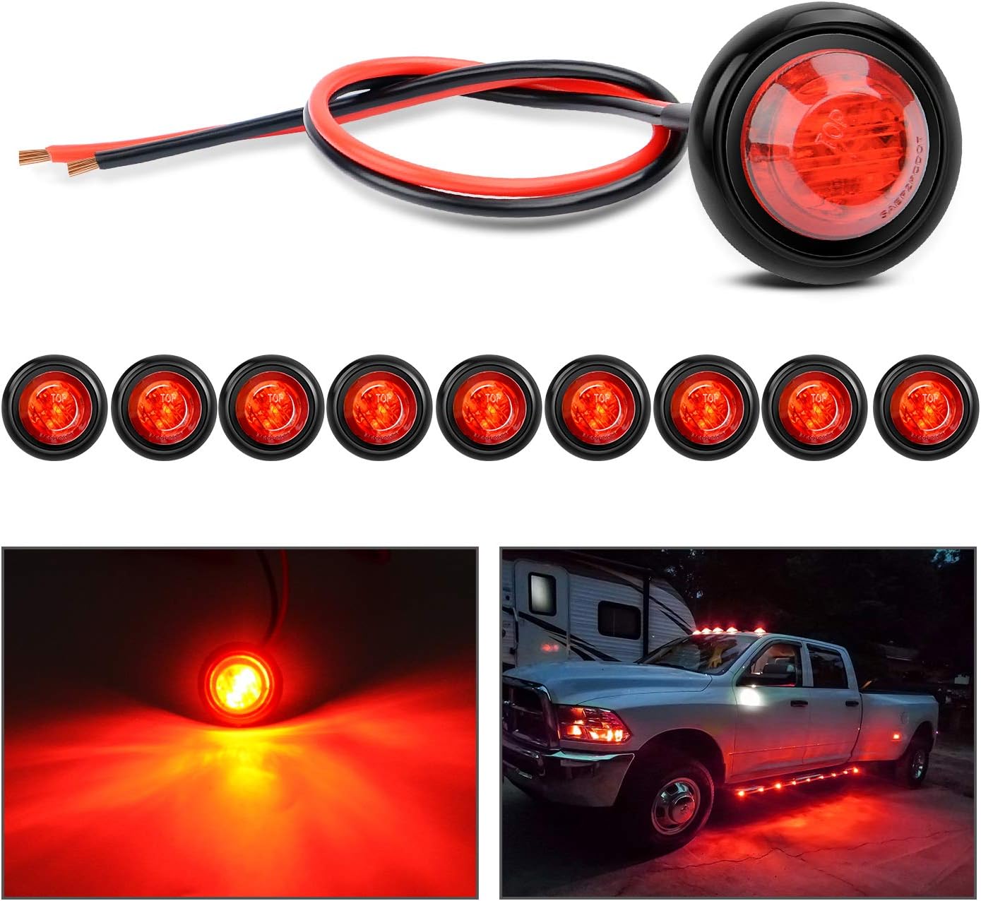 Nilight - TL-04 10 PCS 3/4 Inch Round LED Clearance Light LED Front Rear Side Marker Indicator Light Bullet Marker Light for Truck RV Car Bus Trailer Van Caravan Boat 12V, Red, 2 Years Warranty
