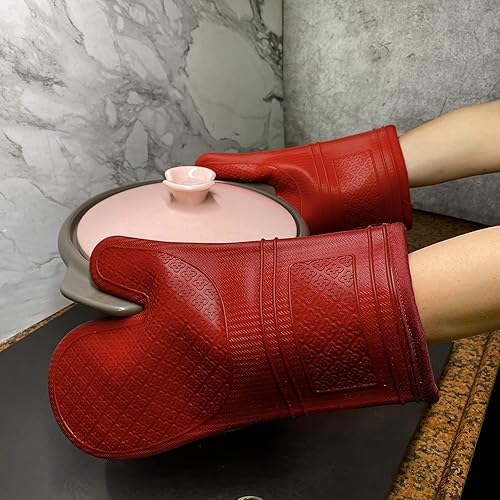 Vista 5 de Yutat Guantes de horno de silicona, guantes de horno con silicona antideslizante, resistentes al calor de 600 grados, forro de algodón suave