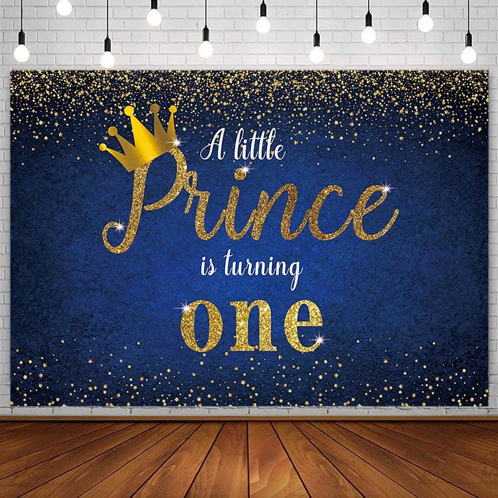 SENDY 7x5ft Prince 1st Birthday Backdrop A Little Prince is Turning One Party Decorations Supplies for Boy Gold Crown Glitter Star Royal Blue Banner Photography Background Cake Table Photo Booth Props