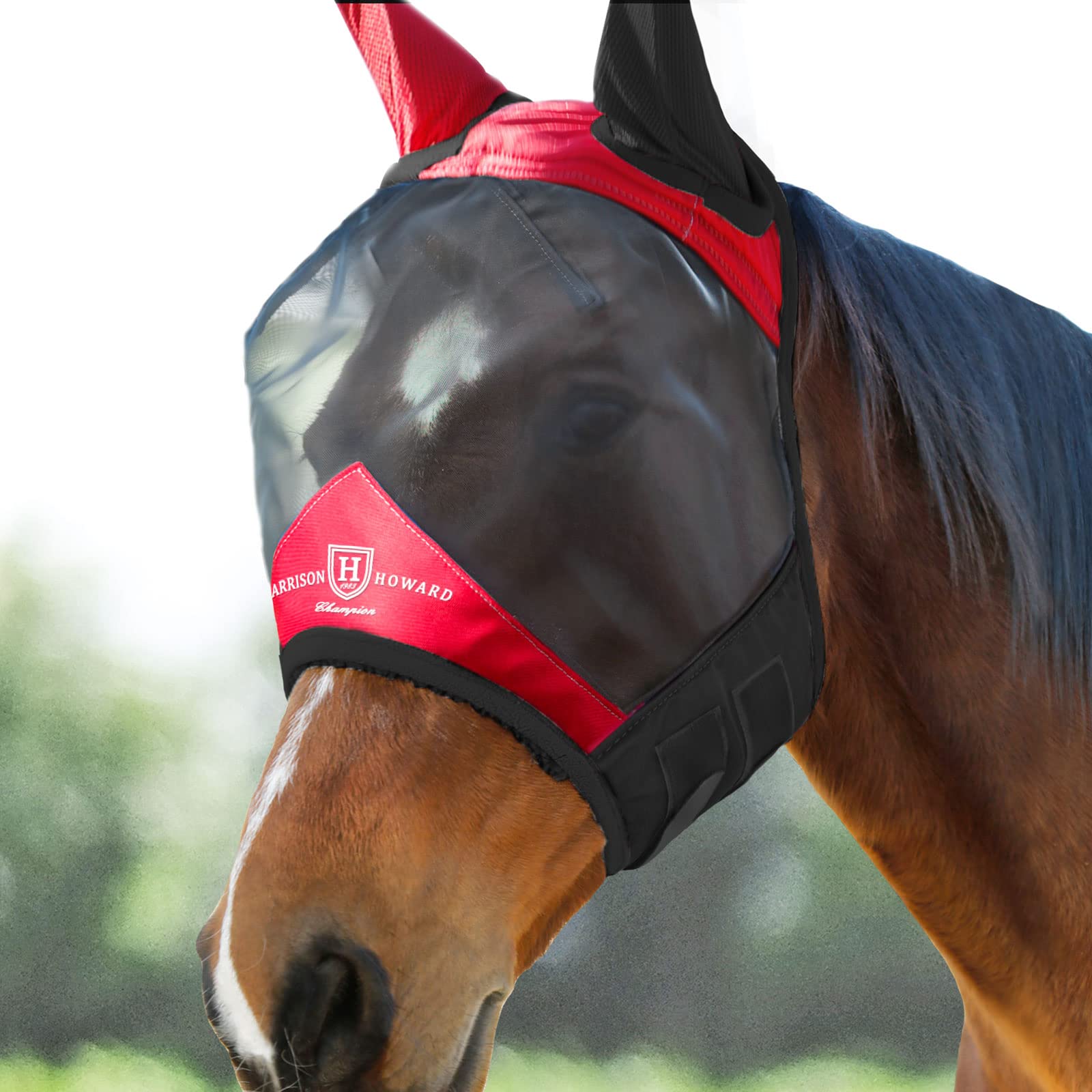 Harrison Howard Pro Luminous Horse Fly Mask Standard with Ears UV Protection for Horse Scarlet Red/Black Small Pony