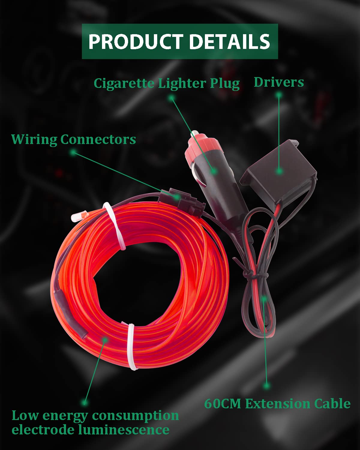 Lucky-Bande Lumineuse LED Pour Intérieur De Voiture Lumière D'ambiance Néon EL Fil Froid USB