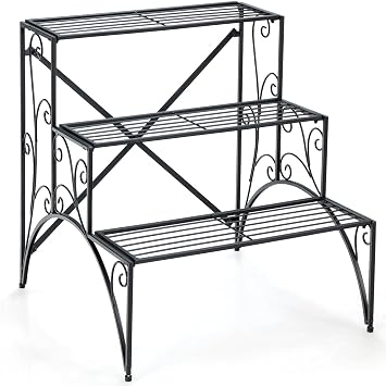 TANGZON 3-Tier Metal Plant Stand, Vintage Flower Pot Storage Rack, Outdoor Decorative Ladder Plant Display Shelving Unit for Yard Patio Balcony Garden