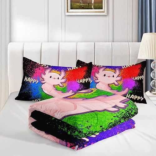 Miniatura 3 de HOSIMA Axolotl - Juego de ropa de cama para decoración de habitación de niños, juego de ropa de cama kawaii de dibujos animados con fondo de tinta