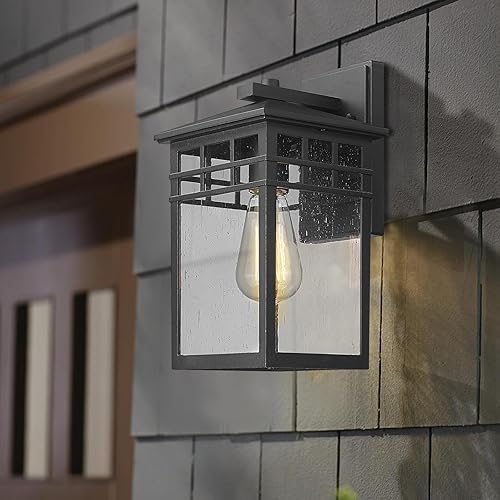 Vista 5 de Outdoor Light Fixture Wall Mount, Modern Exterior Lights Fixture Wall Sconces with Seeded Glass for Front Porch, Farmhouse Waterproof Black Carriage