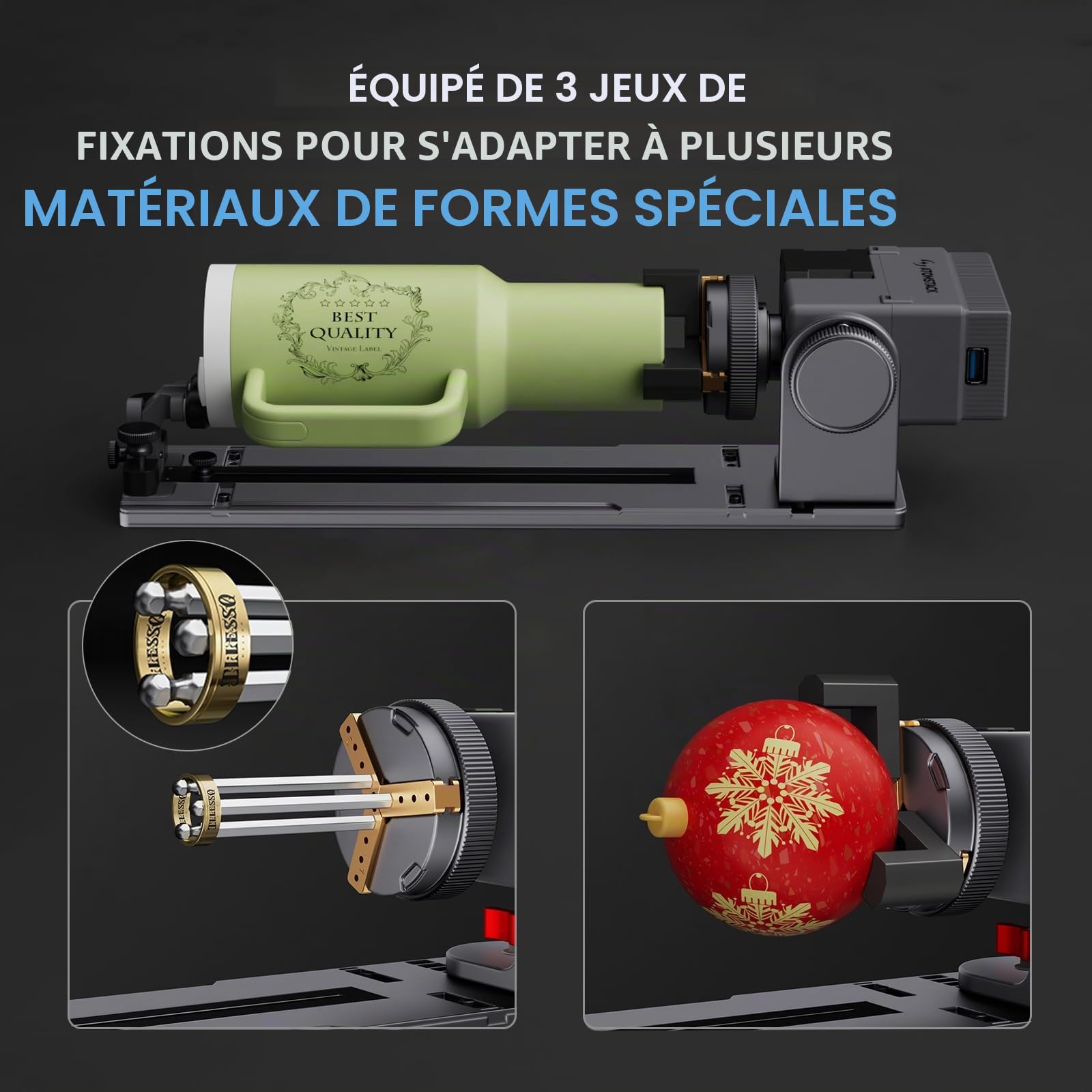 ATOMSTACK R8 et H5, mandrin rotatif et base haute, pour soutenir l'ATOMSTACK P1, pour tester des objets ronds ou annulaires tels que des balles de baseball, des boules de cristal