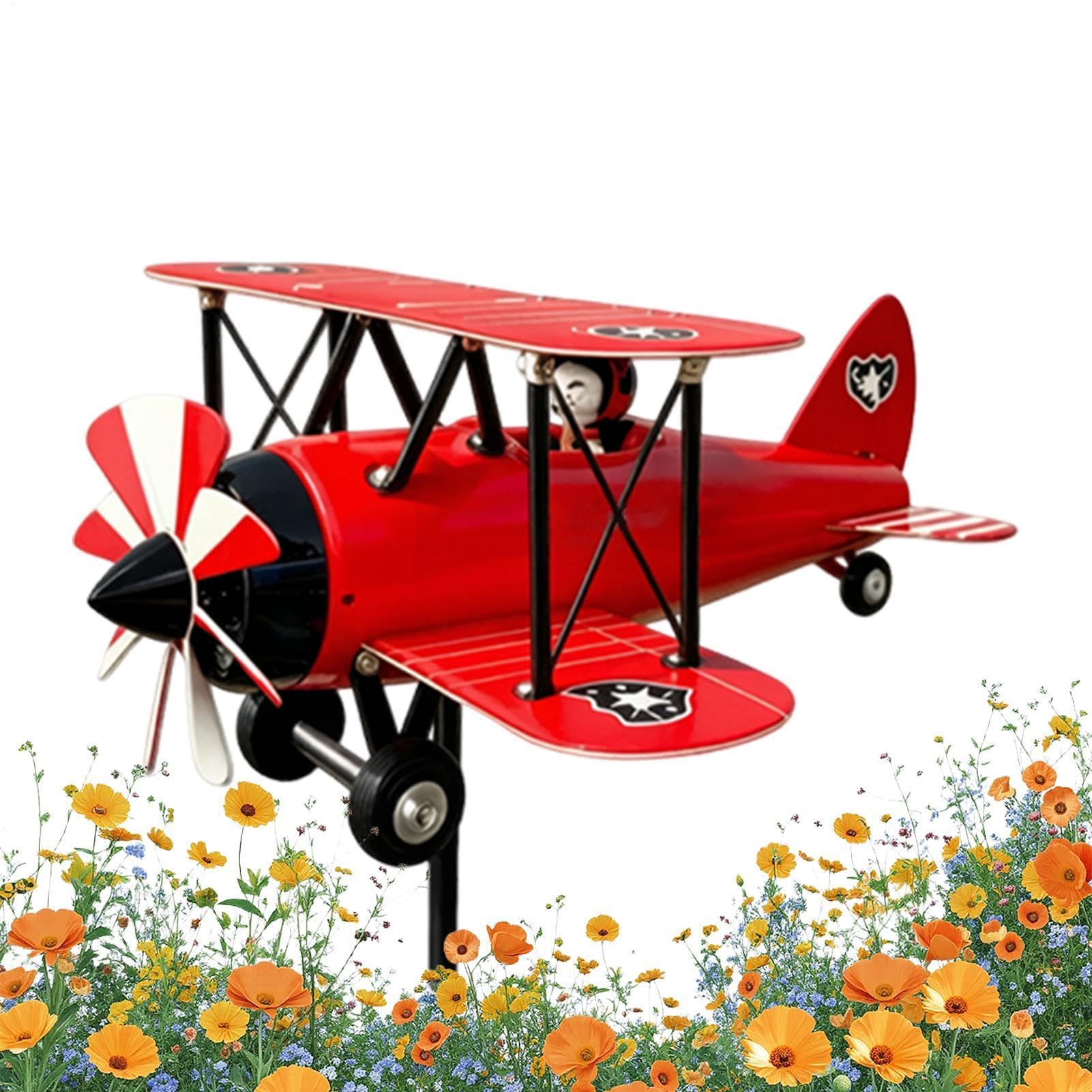 Spinner De Viento Biplano para Jardín Escultura De Viento Avión Decorativa
