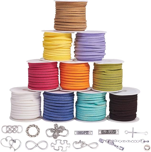 SUNNYCLUE 10 Rolls 3mm Flat Leather Suede Cord String for Jewellery Bracelet Making with 20pcs Connector Charms & 10 Sets Cord End for DIY Rope Wristband Bracelets