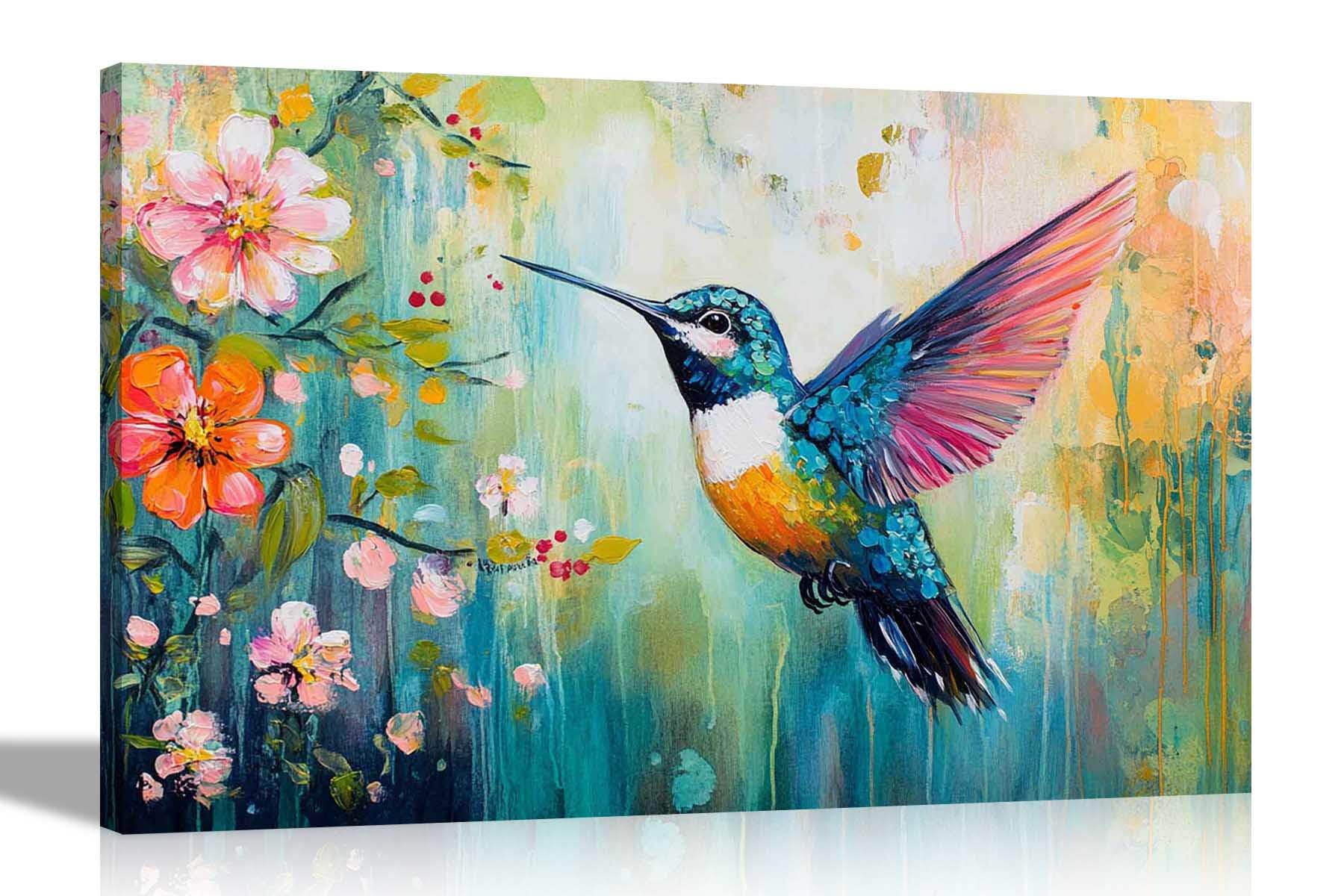 Artley Prints Abstract Humming Bird - Abstract Floral Flying Hummingbird Canvas Prints For Living Room, Botanical Wall Art Pictures Ready To Hang 60 X 40Cm (24 X 16 Inches) A2