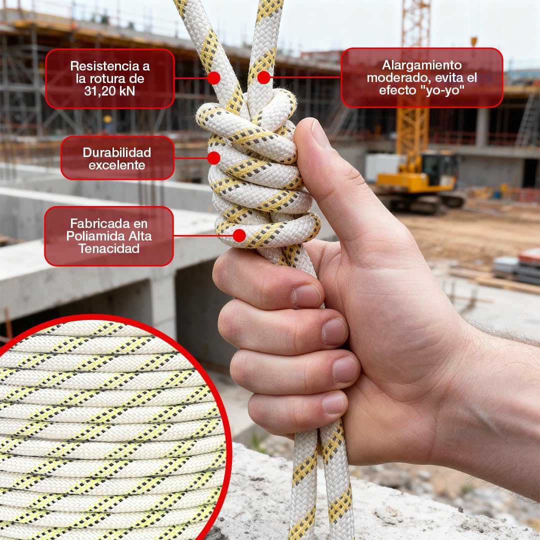 Cuerda Semiestática Profesional - SOGA Gruesa de Nylon para Trabajos Verticales - Cuerda Resistente Exterior y Duradera - Diferentes Tamaños Disponibles - 11 MM (100)