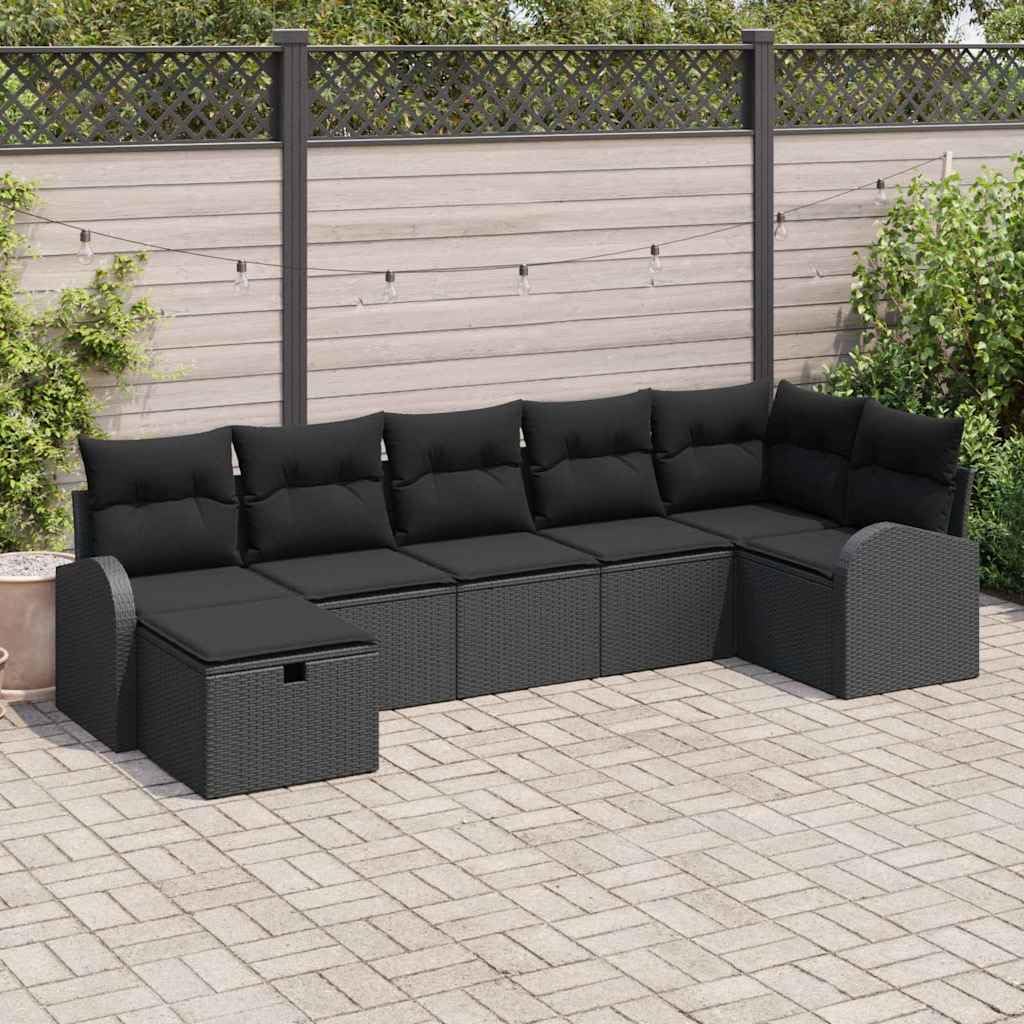 7-częściowy zestaw z poduszkami i miejscem do przechowywania, kolor czarny, polirattan, sofa ogrodowa, sofa na taras, balkon, odporna na warunki atmosferyczne, meble ogrodowe, zestaw mebli do