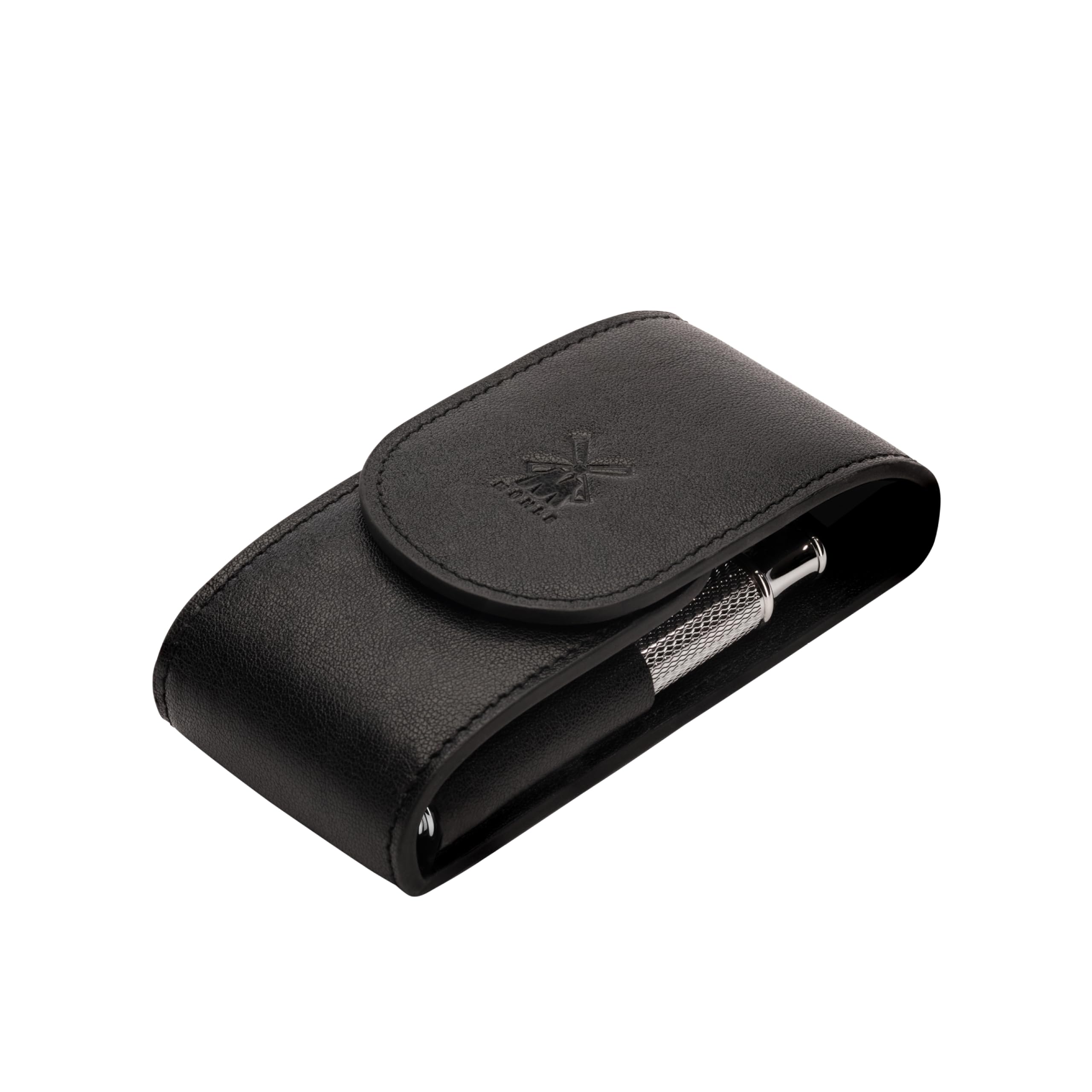 MÜHLE Travel Leder Reisetasche - Reiseetui aus Echtleder schwarz, Rasierhobel R 89 mit geschlossenem Kamm und 10 Klingen