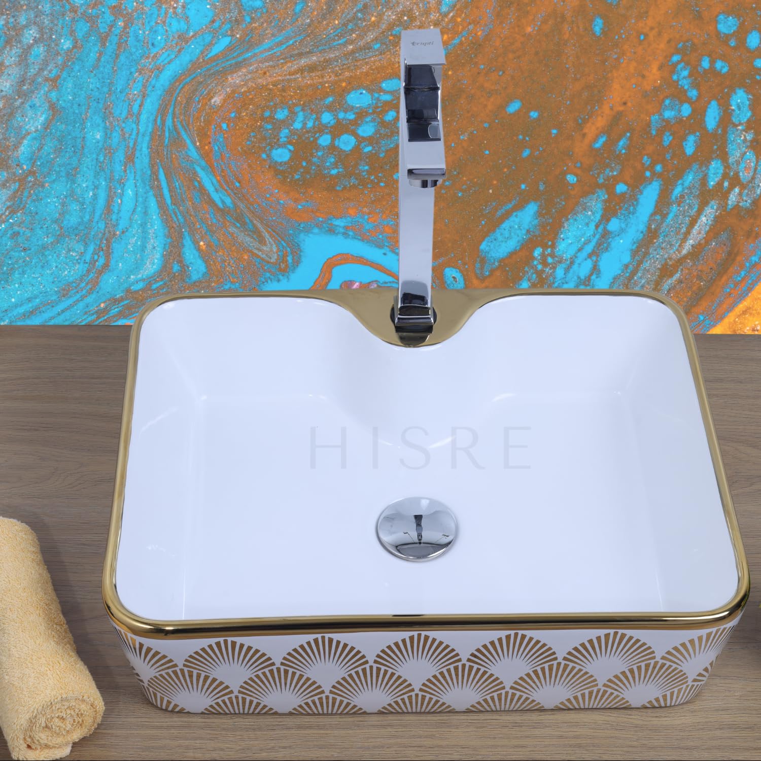 HISRE Table Top Wash Basin For Bathroom | Over Counter Top Wash Basin For Living Room | Washbasin Countertop | Tabletop Ceramic Bathroom Kitchen Sink (18 x 14 x 5.5 Inch) (SKTHI1001), photo 4 of 5