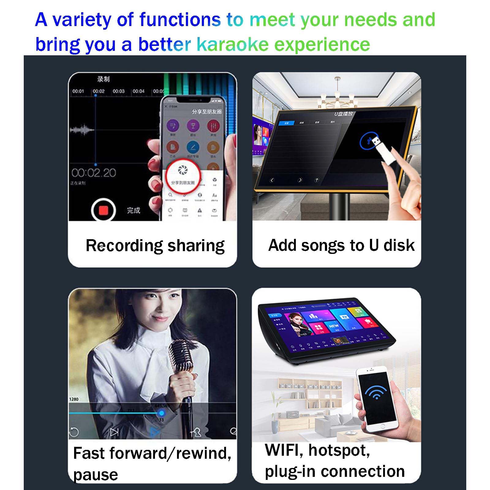 Máquina de karaoke de pantalla táctil con micrófonos inalámbricos, control de aplicación, juego en línea/fuera de línea, función amplificador, más de 20 idiomas para fiestas de karaoke en casa