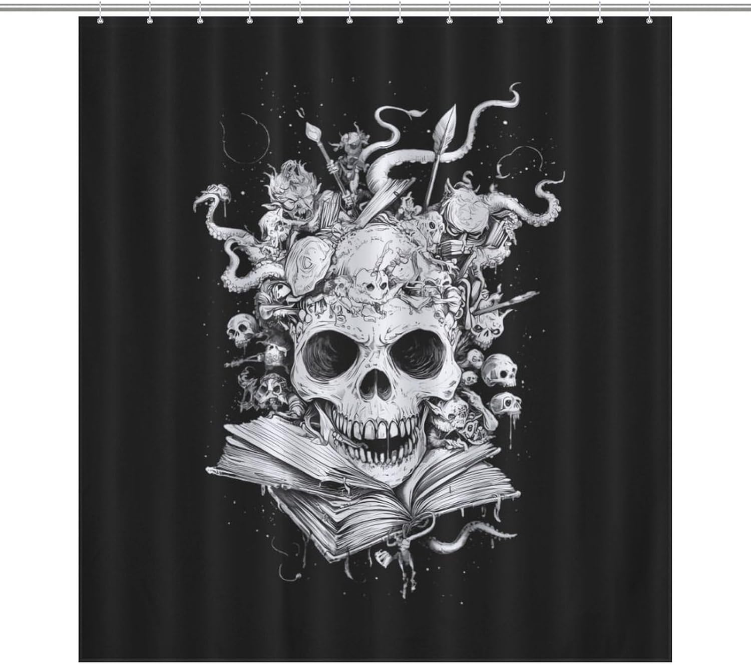 Skull Books Funny Shower Curtains Washable Bath Curtain Liner with Hooks for Bathroom Bath Tubs