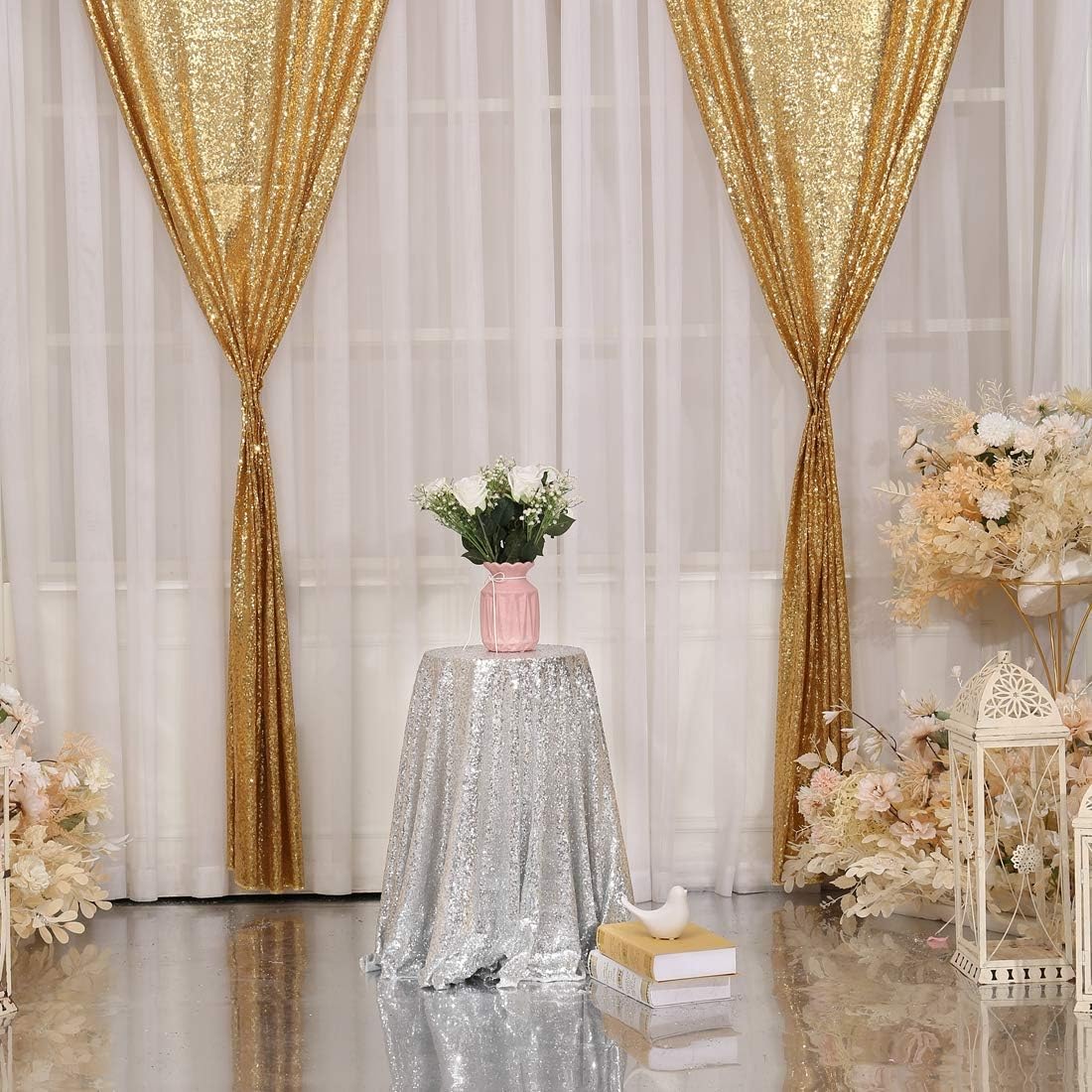 Cheap Juya Delight 2ft x 8ft x 2Pcs New Gold Sequin Photography Backdrop Curtain for Wedding Party Decoration Festival Ceremony Video