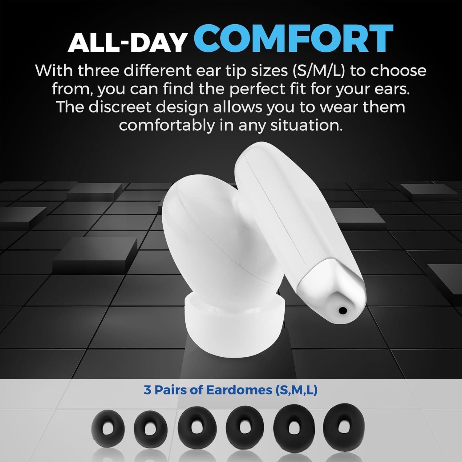 Close-up of a single white earbud with a black ear dome attached, and three pairs of ear domes (S, M, L) below it.