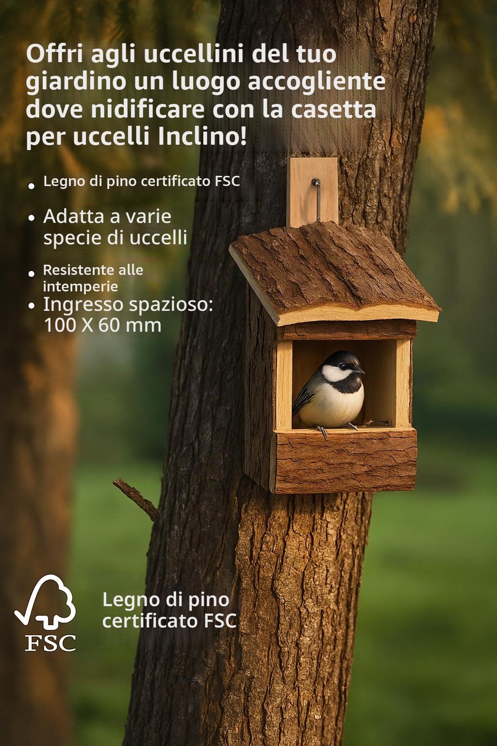 Flamingo Cassetta nido per uccelli in legno Cortesa Inclino - 14x13x20cm - resistente alle intemperie - legno di pino certificato FSC