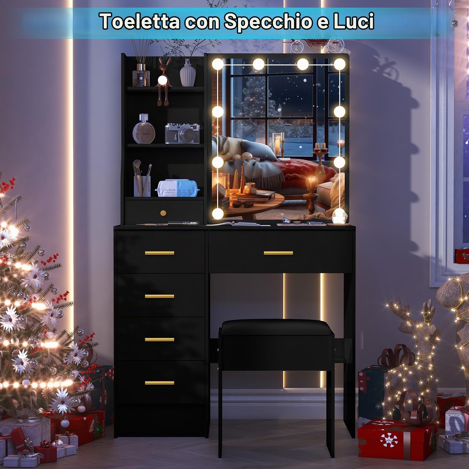 Toeletta da Trucco con Specchio Scorrevole e Sgabello, Scrivania Make Up Ampia con Luci Dimmerabili e Guida Video, Postazione Trucco con 6 Cassetti e 6 Ripiani, Nero, 36×80×131 cm, J328