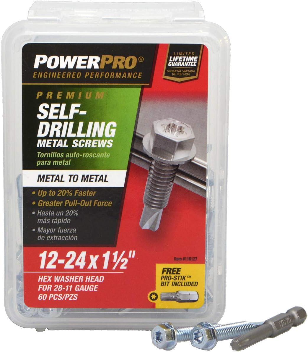 Power Pro Premium Self-Drilling Metal Screws, Zinc Plated Steel, Hex Washer Head Metal to Metal Winged Point Screws, Silver, #12 x 1-½ inches, Box of 60 Screws
