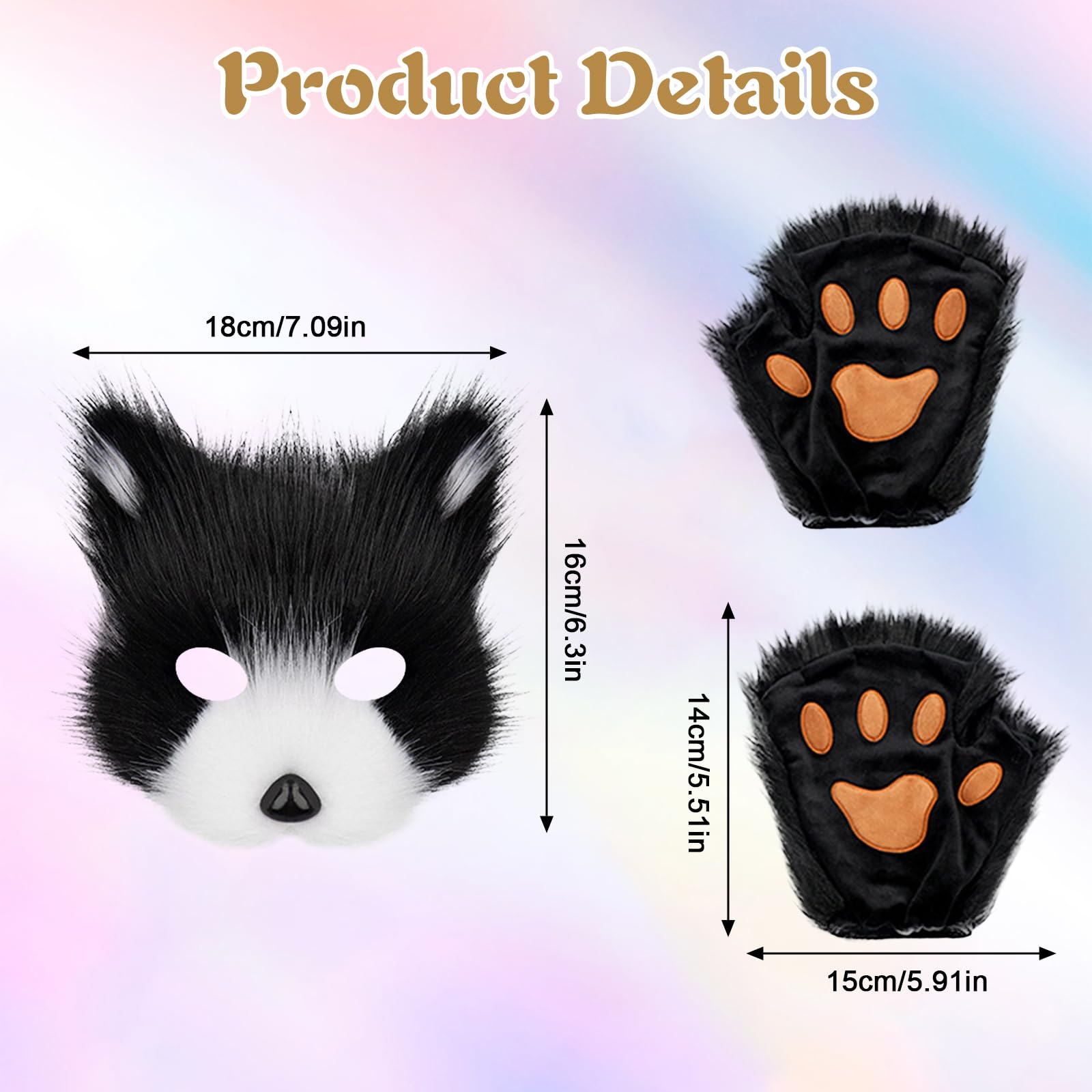 Yoolhamy Fox furry Tail Cat Wolf Cosplay Plush Mask Paw Gloves Set Faux Fur Costume for Halloween Book Day, Role Play (Black, One Size) - Image 4