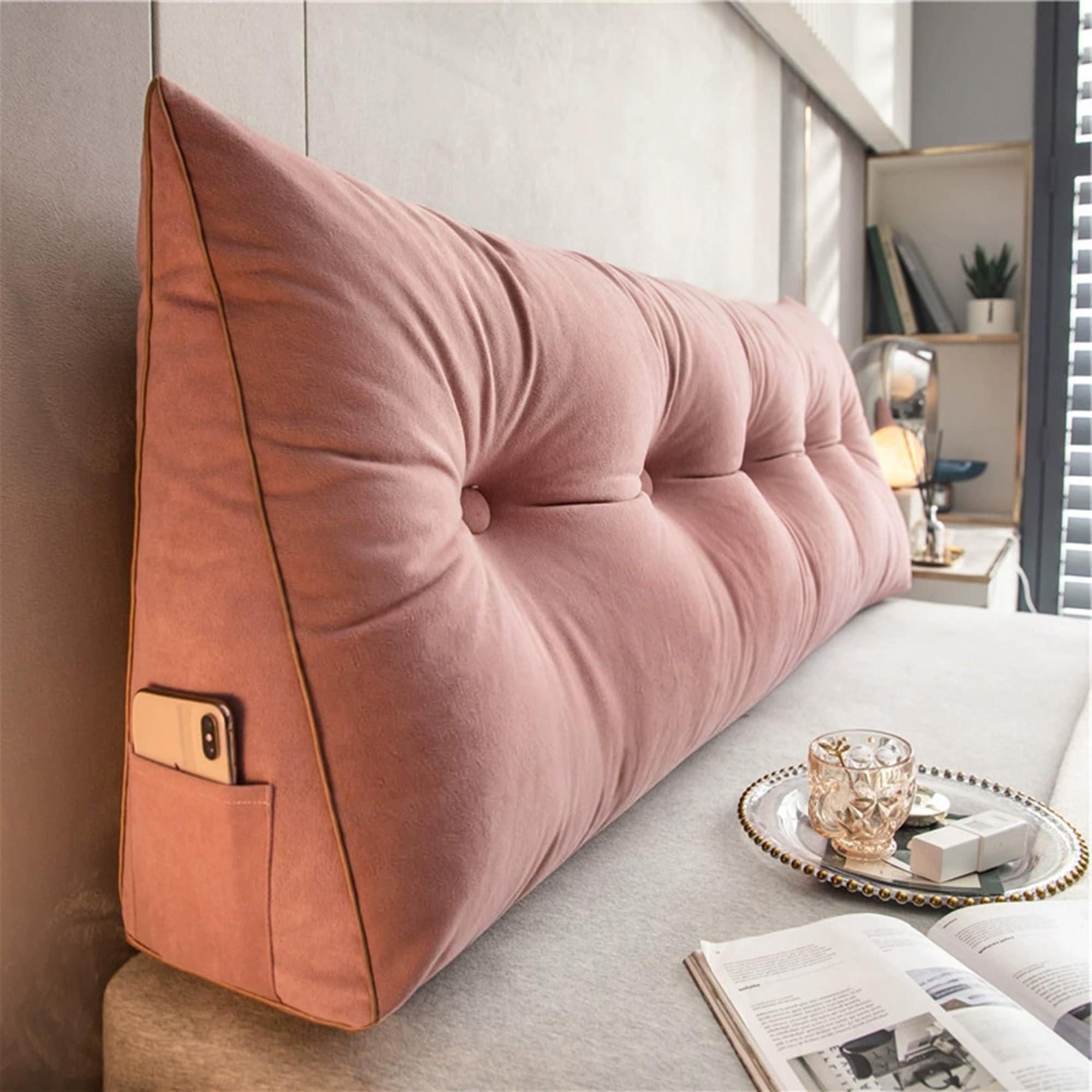 DUOLEH Back Support Cushion with Side Pocket, Wedge Pillow for Bed, Removable Lumbar Backrest, Headboard Bolster Support Pillow, Triangular Rest Reading Cushion (100x50x20cm,Pink)