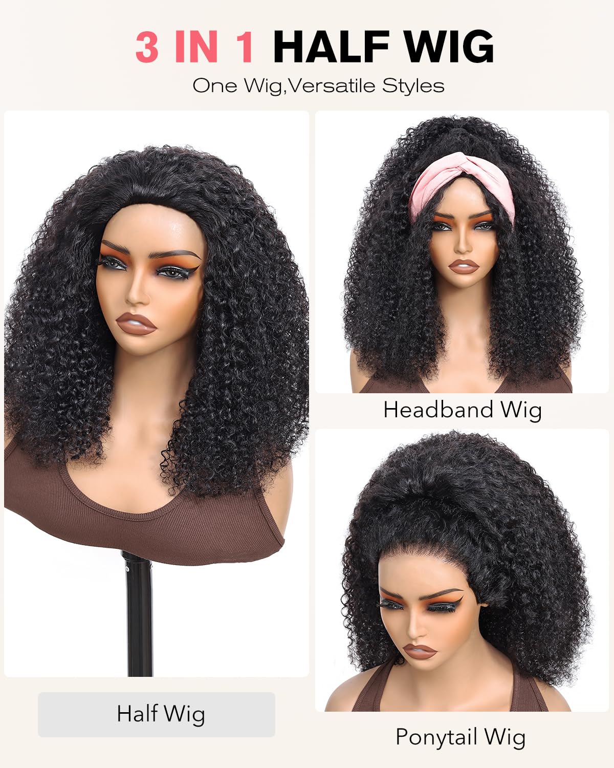 Half Wig Human Hair 200 Density Kinky Curly Half Wig 3 In 1 Seamless Flip Over Glueless Wigs Human Hair with Drawstring Beginner Friendly Curly Wig Headband Wig for Women Daily Wear 16 Inch - Image 2