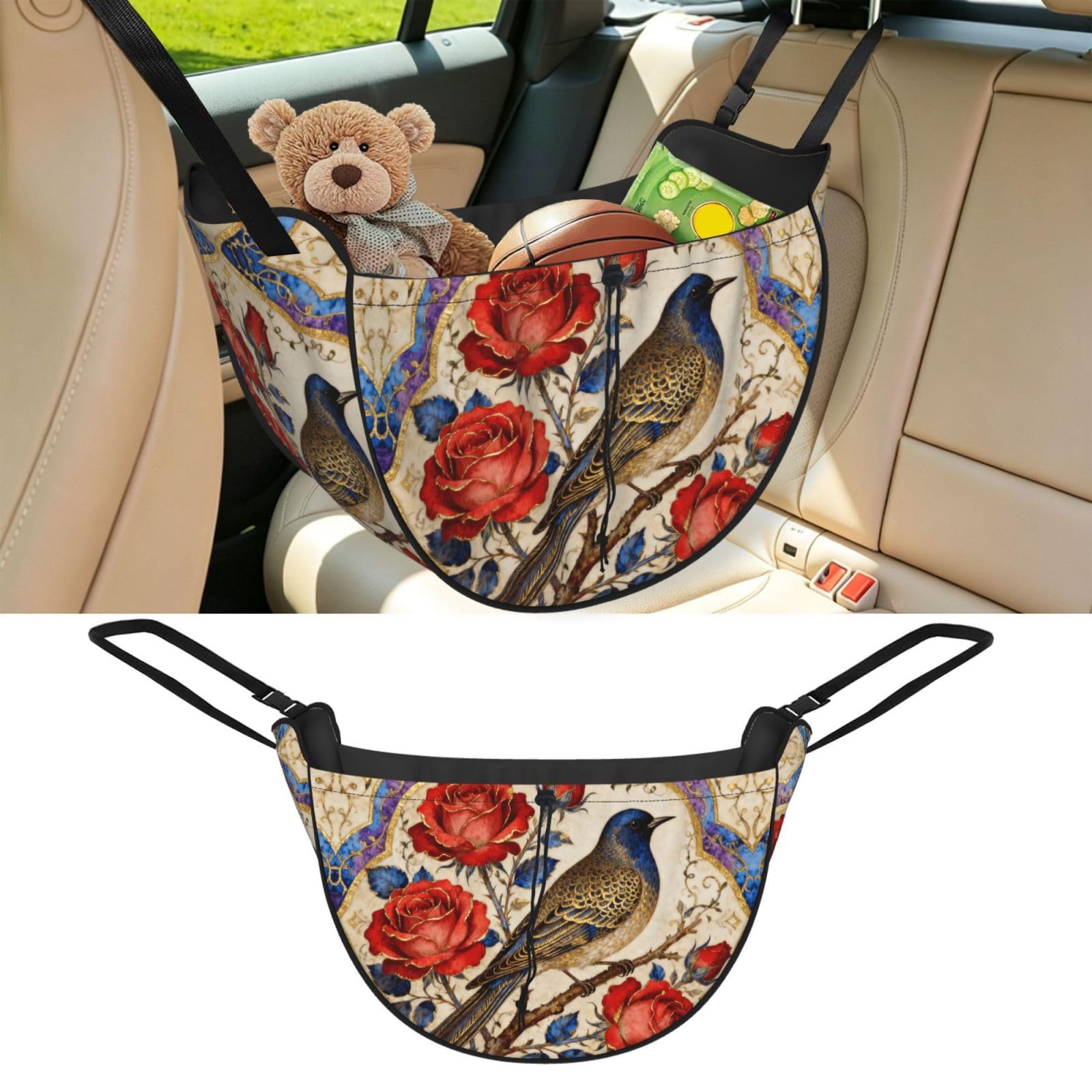 Cntdbu Black Beautiful Flowers Car Seat Organizer-Backseat Storage Bag For Travel