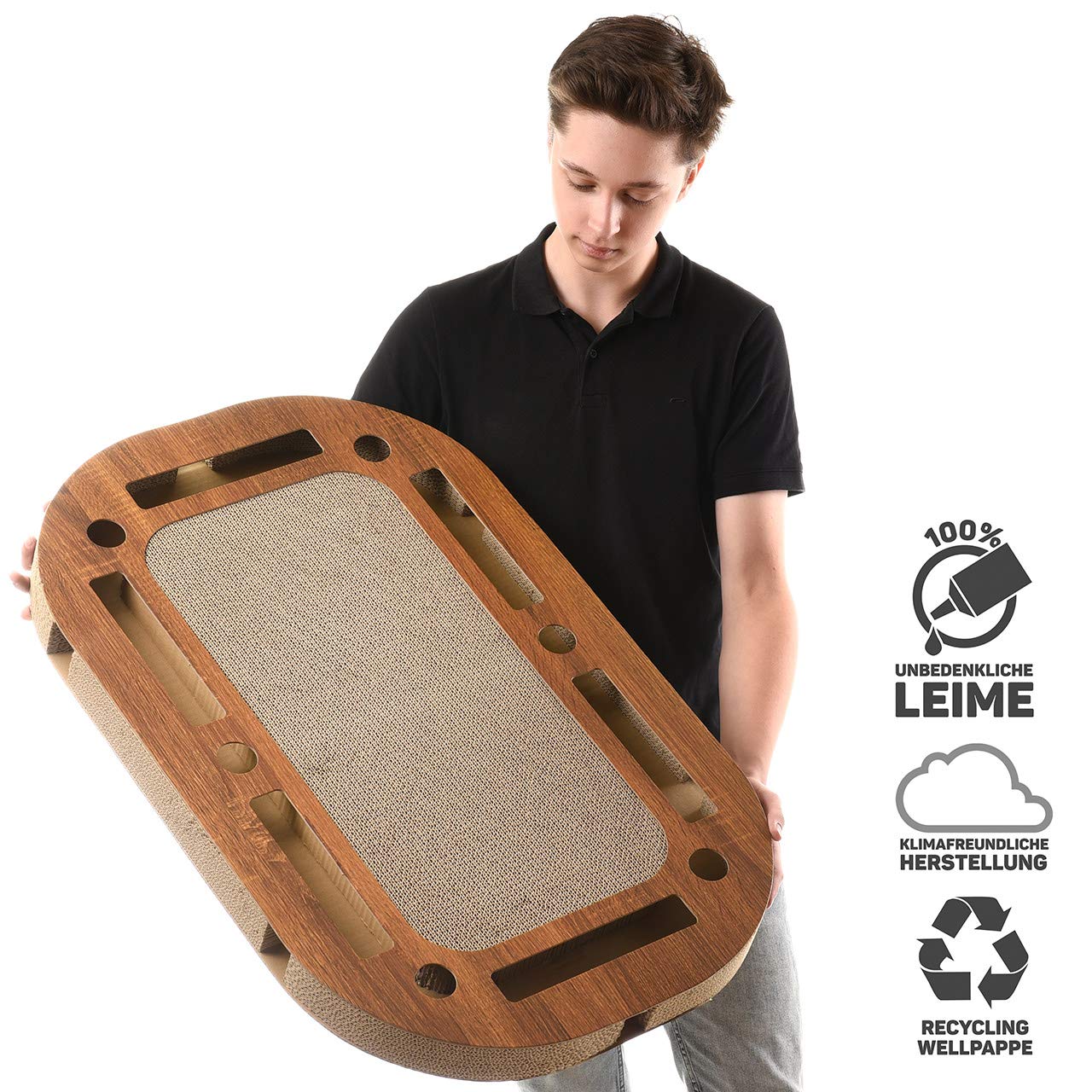 CanadianCat Company | XXL Katzenspielplatz 85 x 54 x 5,8 cm mit integrierter Kratzpappe, interaktives Katzenspielzeug Kratzbrett in Holzoptik Kratzkarton
