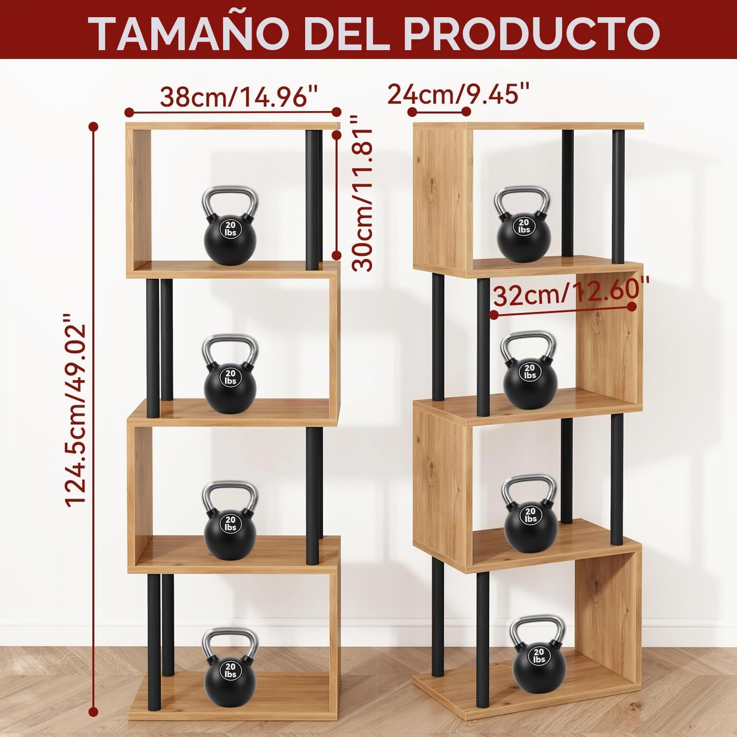 IBUYKE Libreria Estanteria Moderna,Librería En Forma De S De 5 Niveles,Estantería De Exposición,Librería Vertical Almacenaje para Sala De Estar, Dormitorio, Oficina En Casa,Roble WBC015W