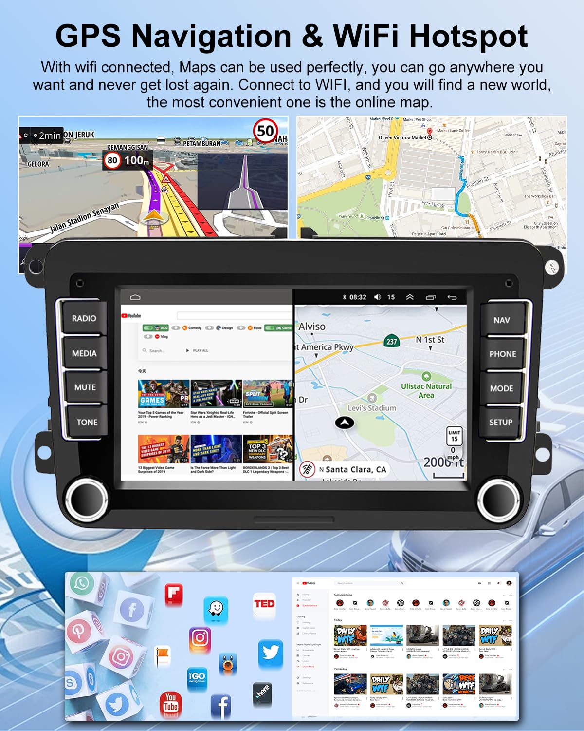 NHOPEEW Android 13 Autoradio per VW Passat b6 b7 Golf 5 6 Jetta T5 EOS POLO Touran Seat Sharan - Carplay & Android Auto - Schermo touchscreen da 7 pollici con EQ WiFi GPS Mirror Link