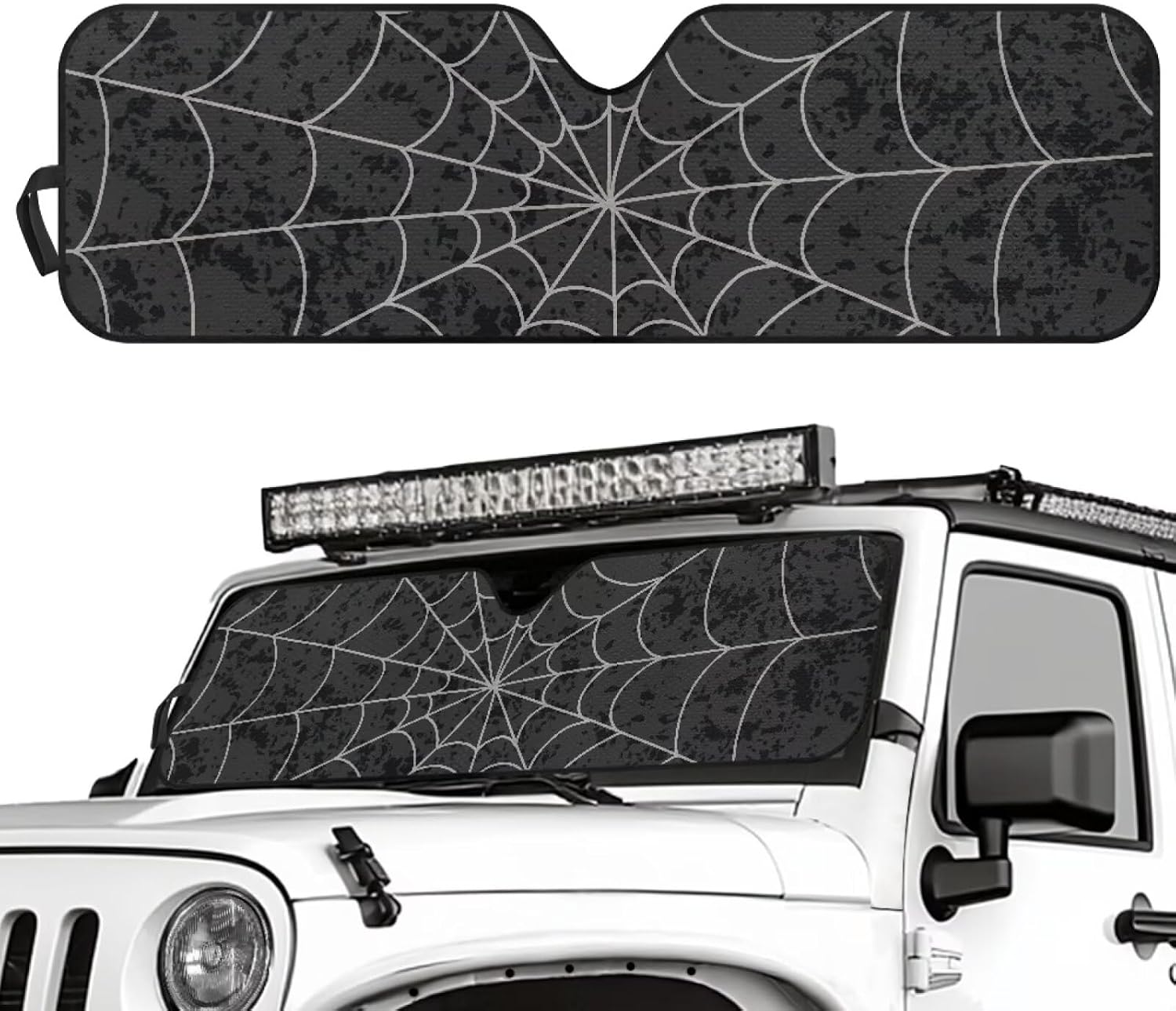 Pensura Windshield Sun Shade UV Rays & Heat Protection Accessories for Jeep Wrangler, Foldable Spider Web Print Windshield Shade for Jeep Wrangler TJ JK JKU 1996-2018