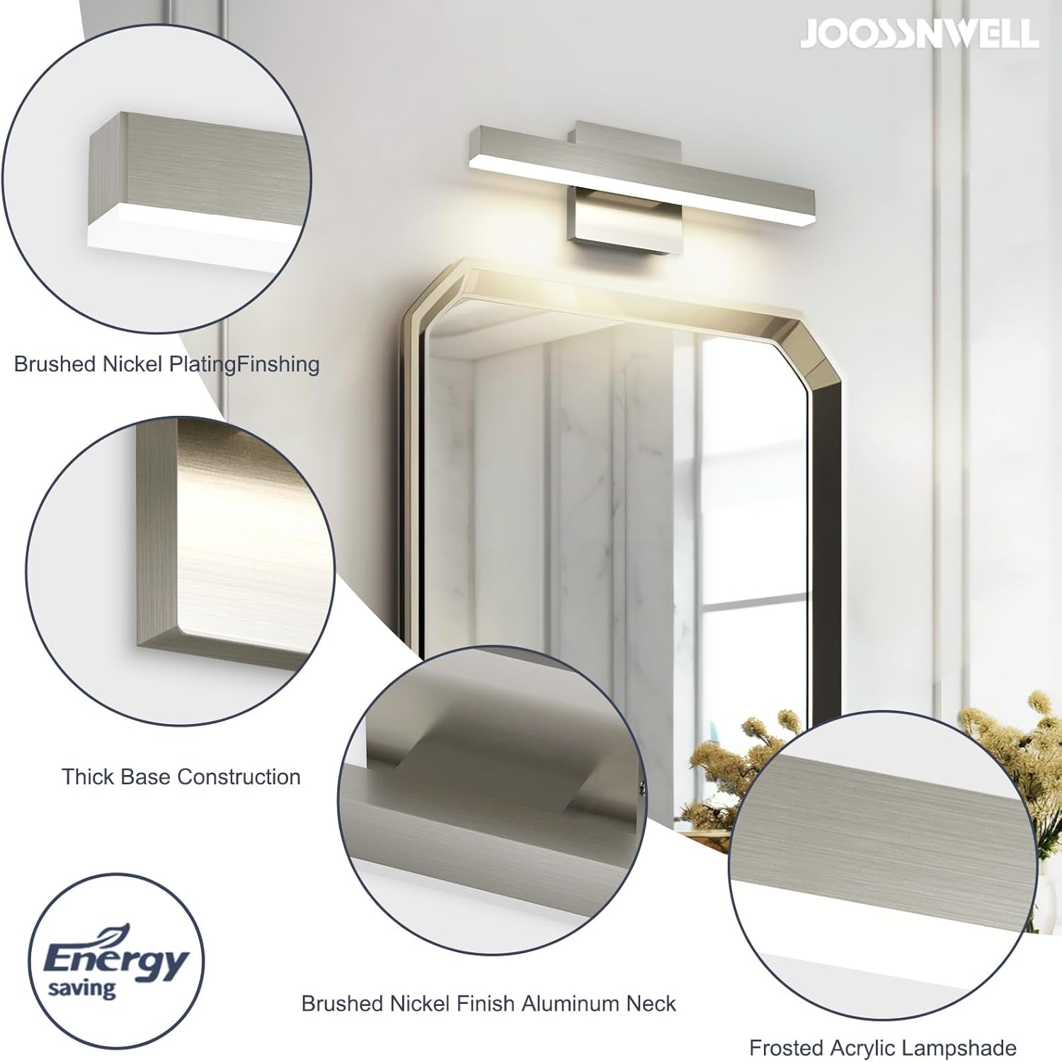 Joossnwell Bathroom Light Fixtures Brushed Nickel Vanity Lights Bar 5cct Dimmable Modern Bath Lighting Fixture Over Mirror Led Vanity Light for Bathroom 15.74 inch ETL Certificated