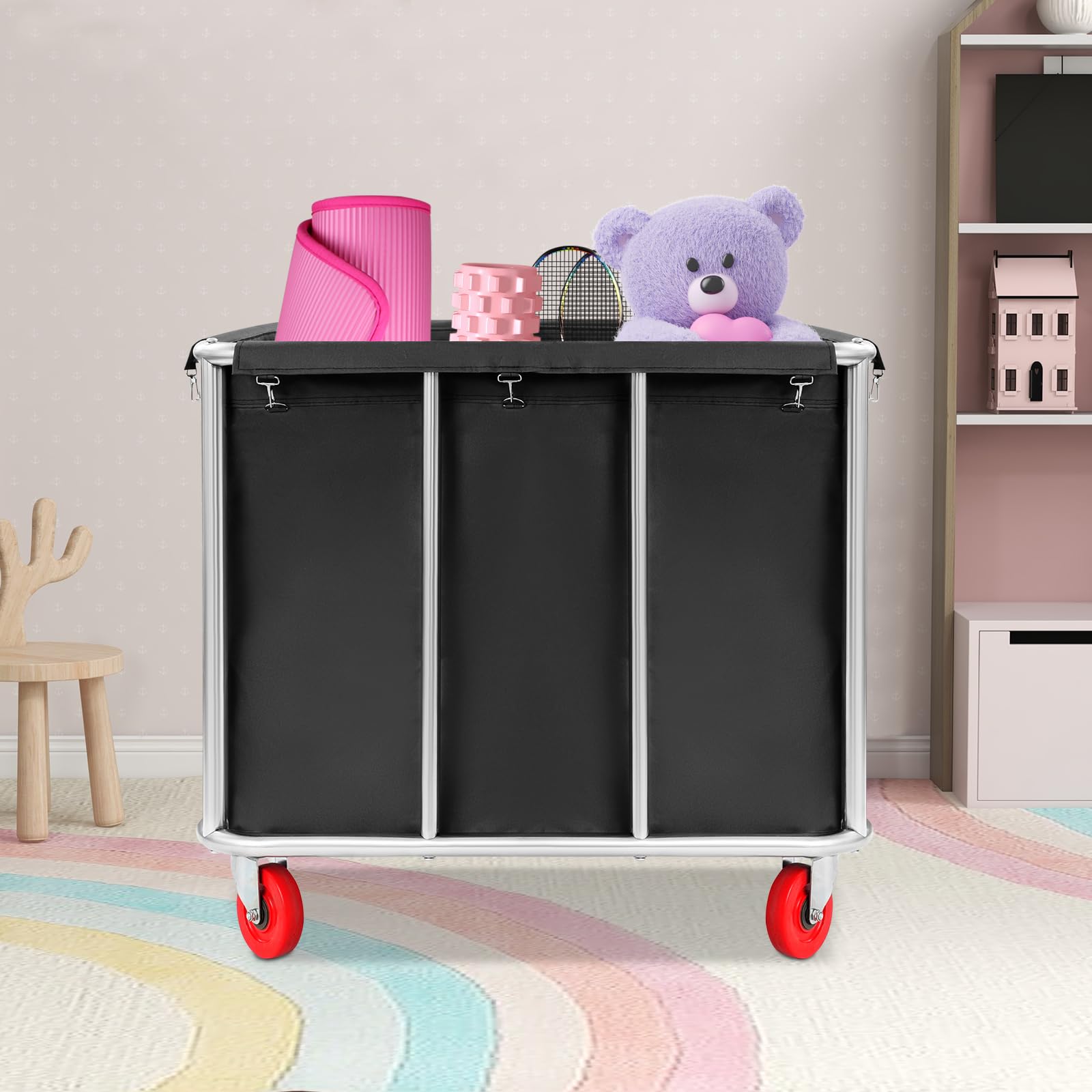 Carro para la colada, 90 x 65 x 80 cm, acero inoxidable, con ruedas, capacidad de carga de 200 kg, para hoteles, hospitales, lavandería (negro)